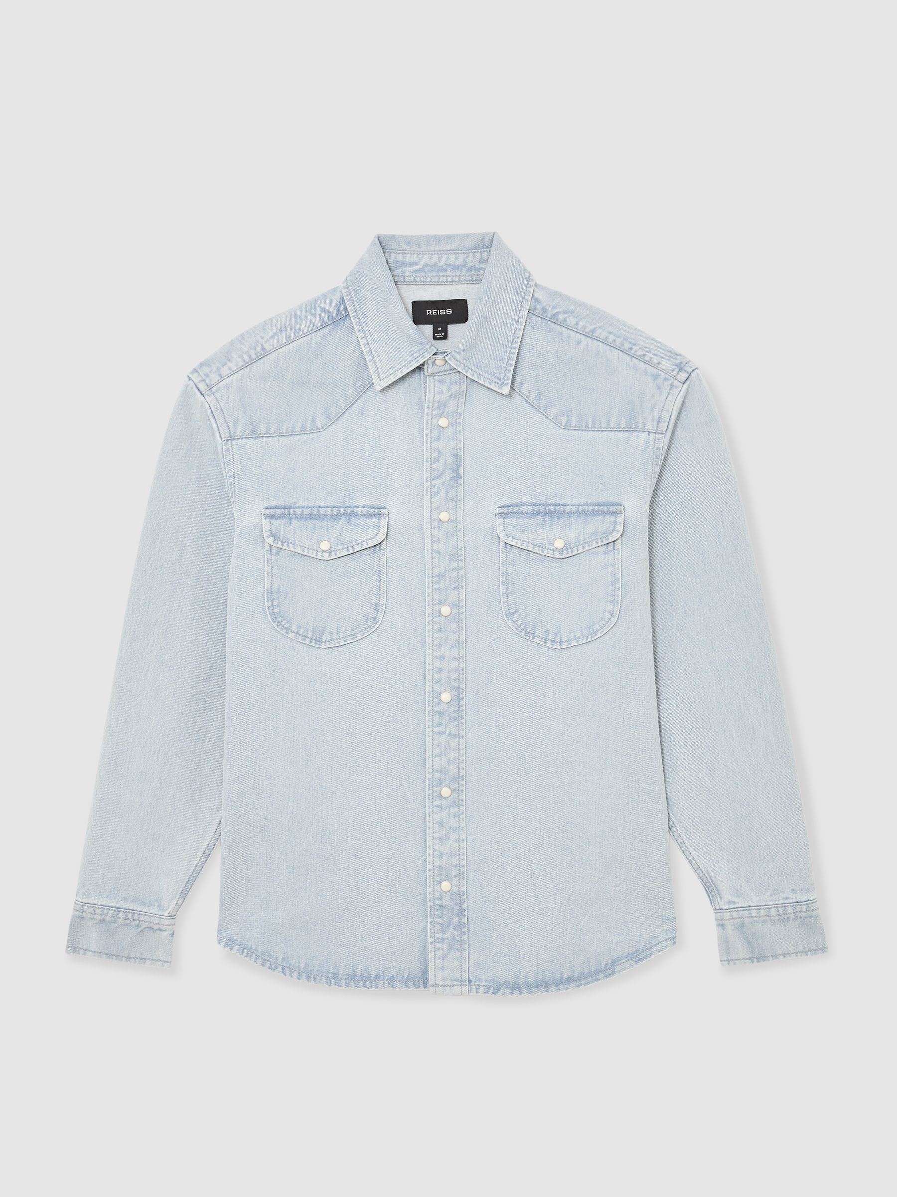 Washed Denim Western Overshirt in Light Acid Blue Wash - Image 2 of 6