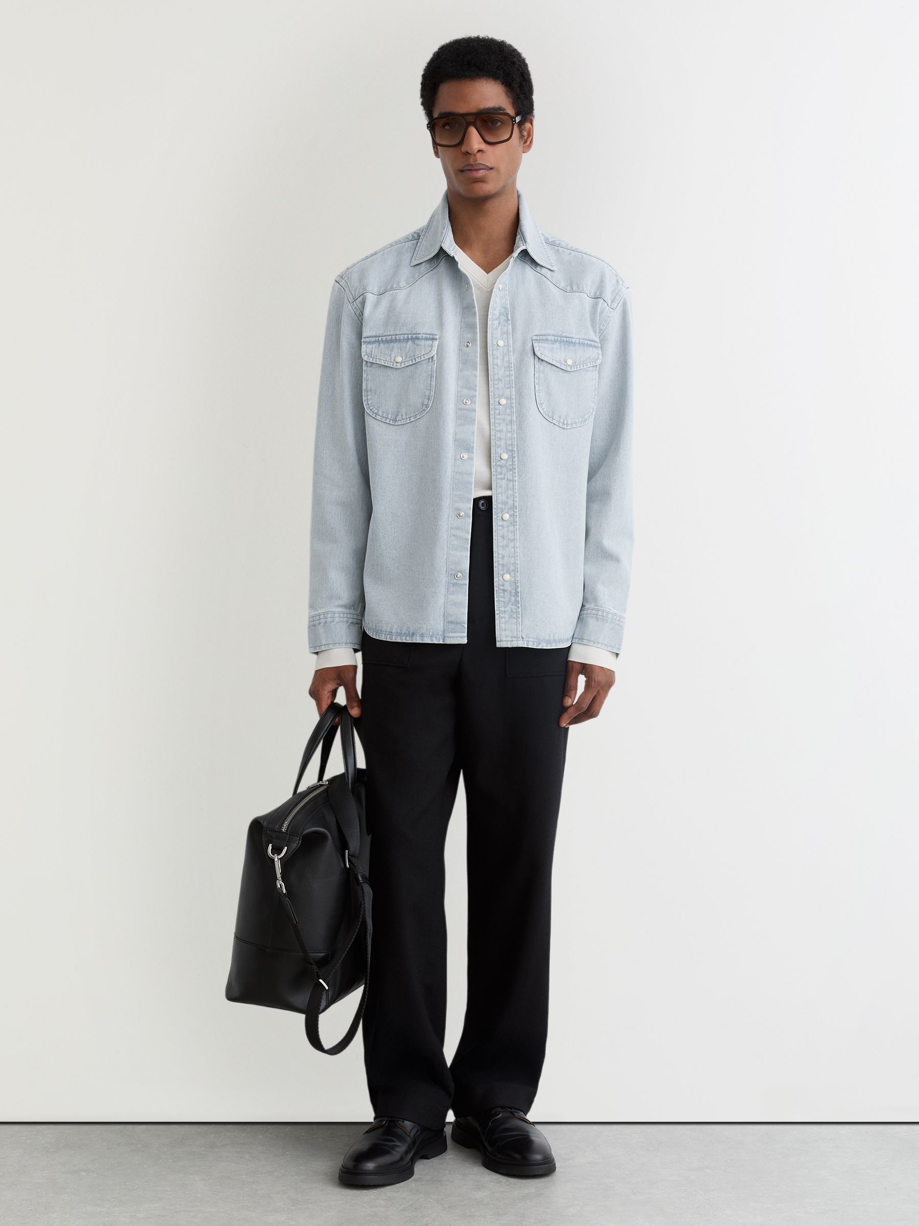 Washed Denim Western Overshirt in Light Acid Blue Wash - Image 3 of 6