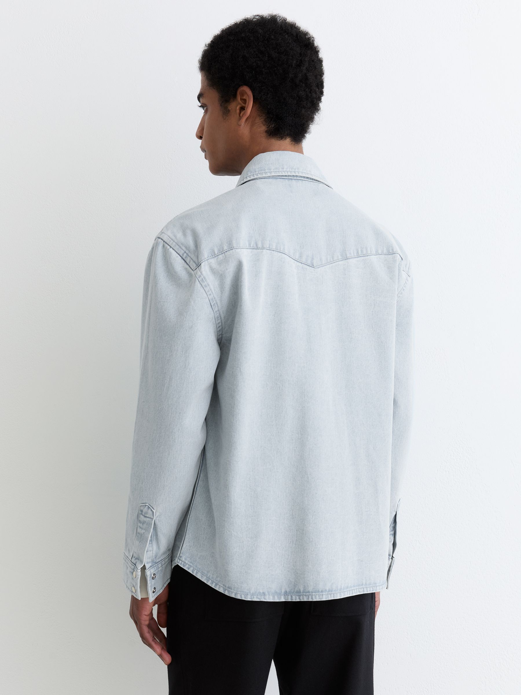 Washed Denim Western Overshirt in Light Acid Blue Wash - Image 5 of 6
