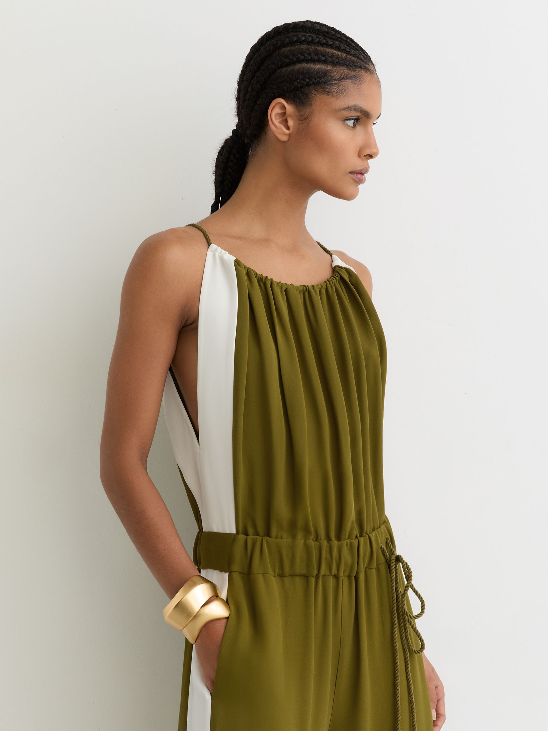 Reiss Colourblock Gathered Wide-Leg Jumpsuit in Green/Cream | REISS