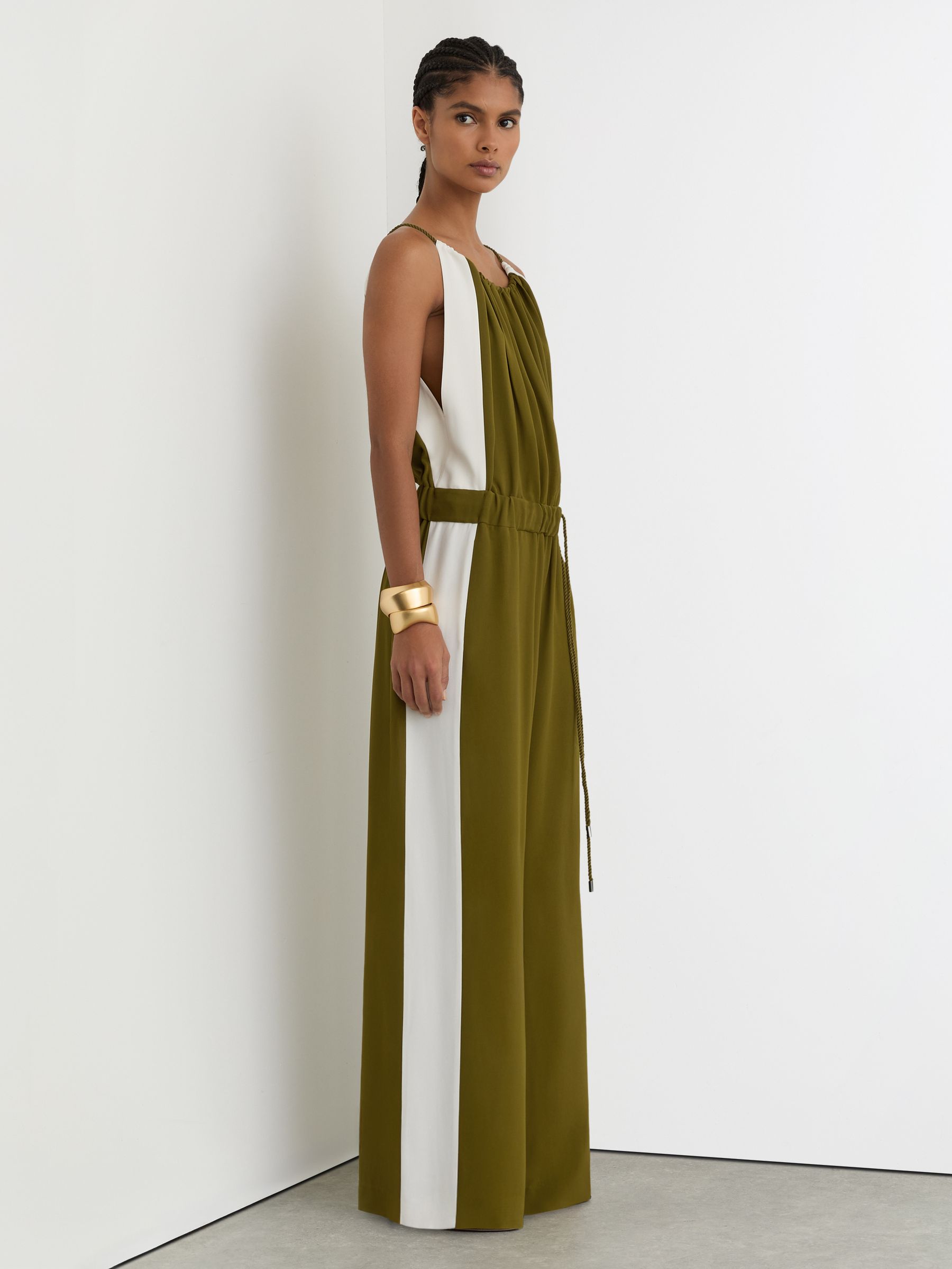 Colourblock Gathered Wide-Leg Jumpsuit in Green/Cream - image 5