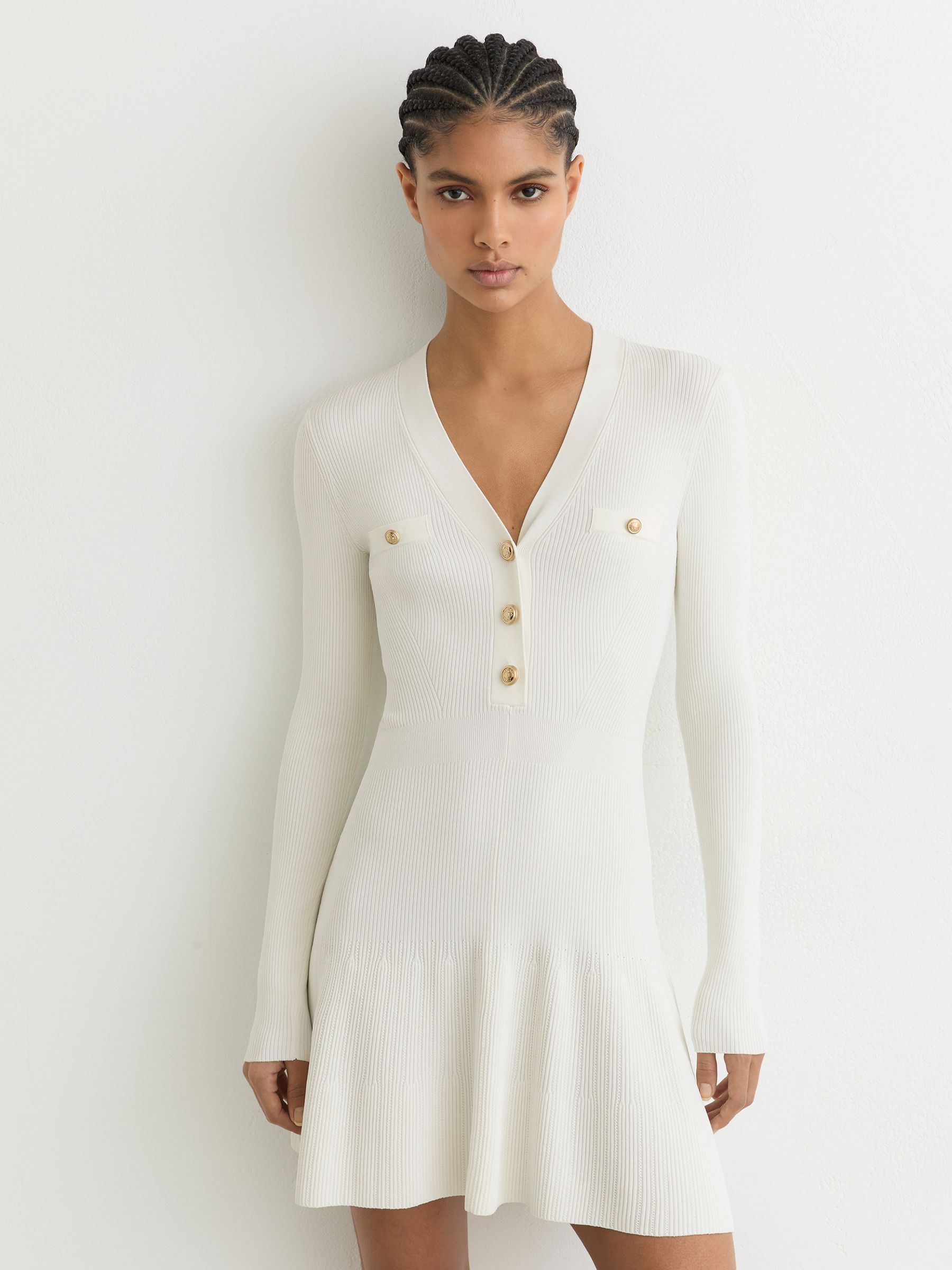 Knitted Button-Detail Mini Dress in Ivory - Image 1 of 6