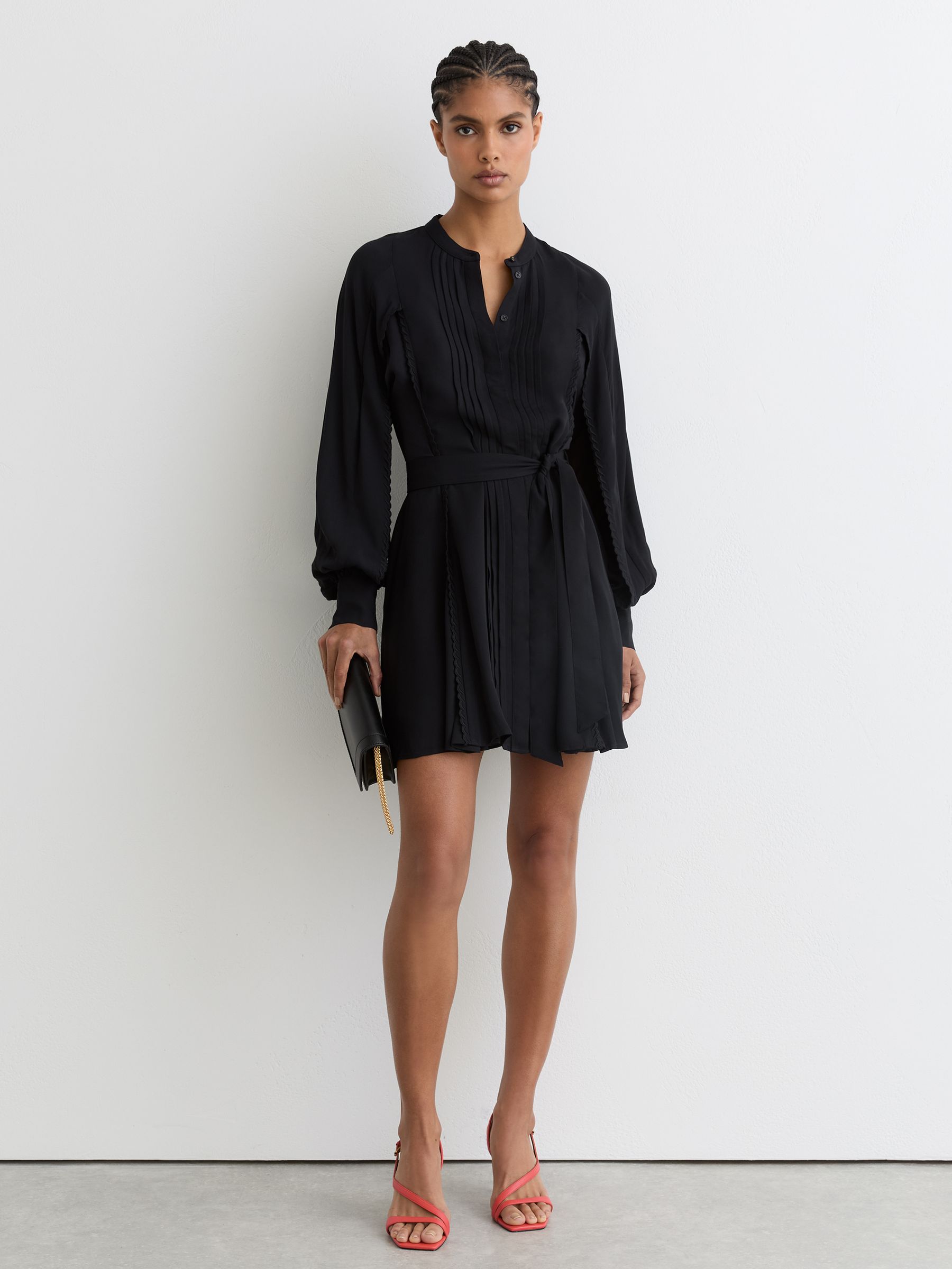Embroidered-Trim Belted Mini Dress in Navy - Image 1 of 7