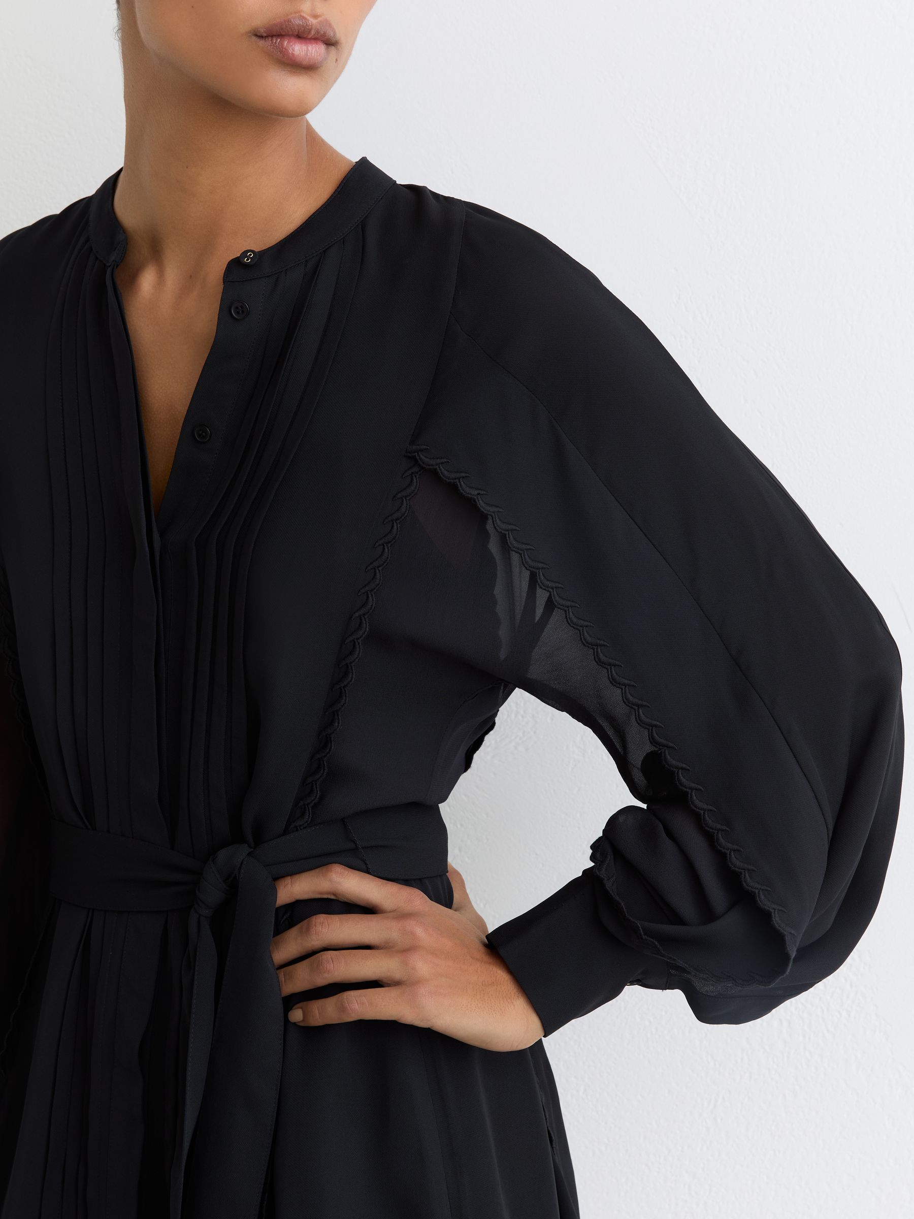 Embroidered-Trim Belted Mini Dress in Navy - Image 5 of 7