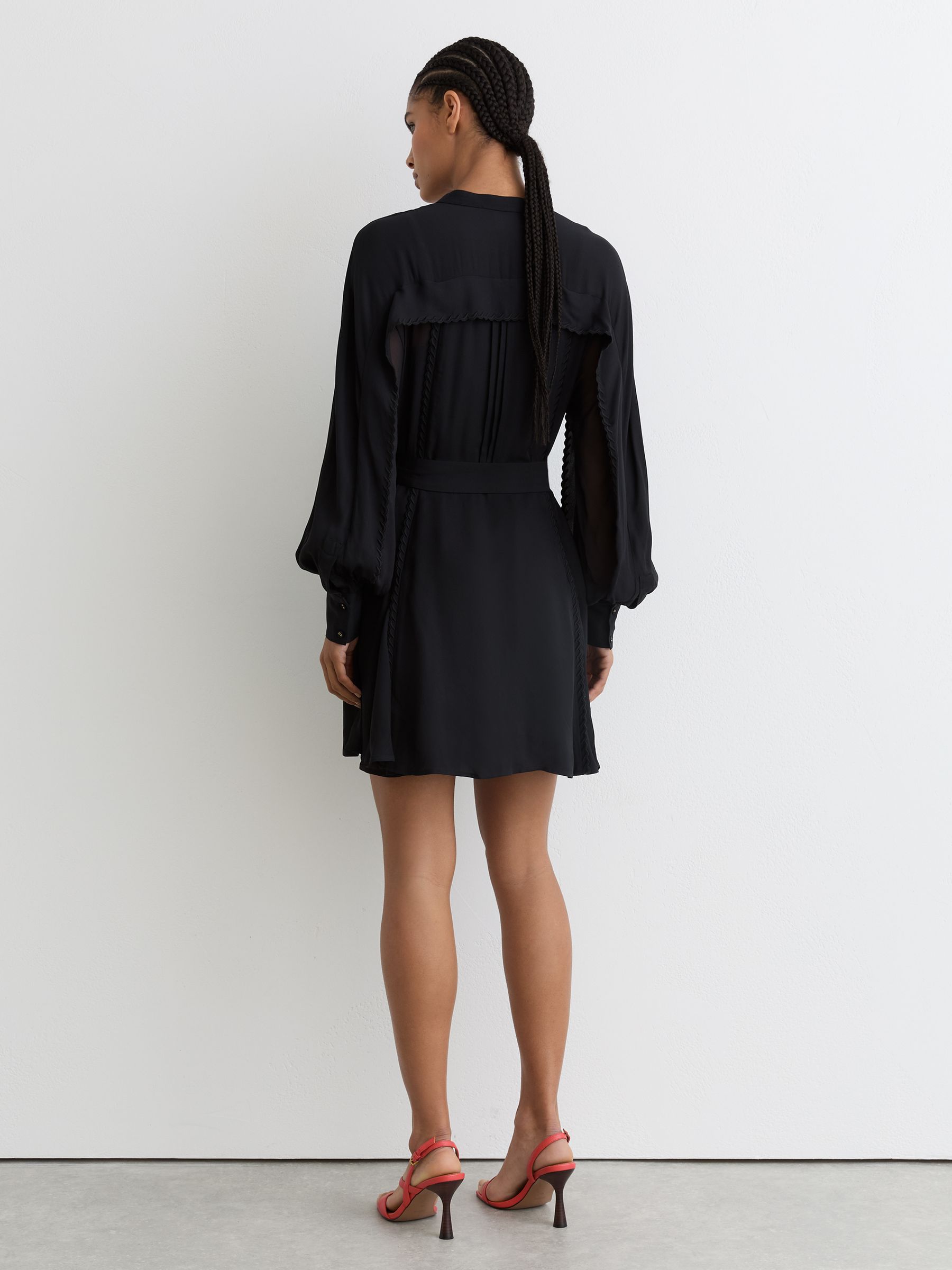 Embroidered-Trim Belted Mini Dress in Navy - Image 6 of 7