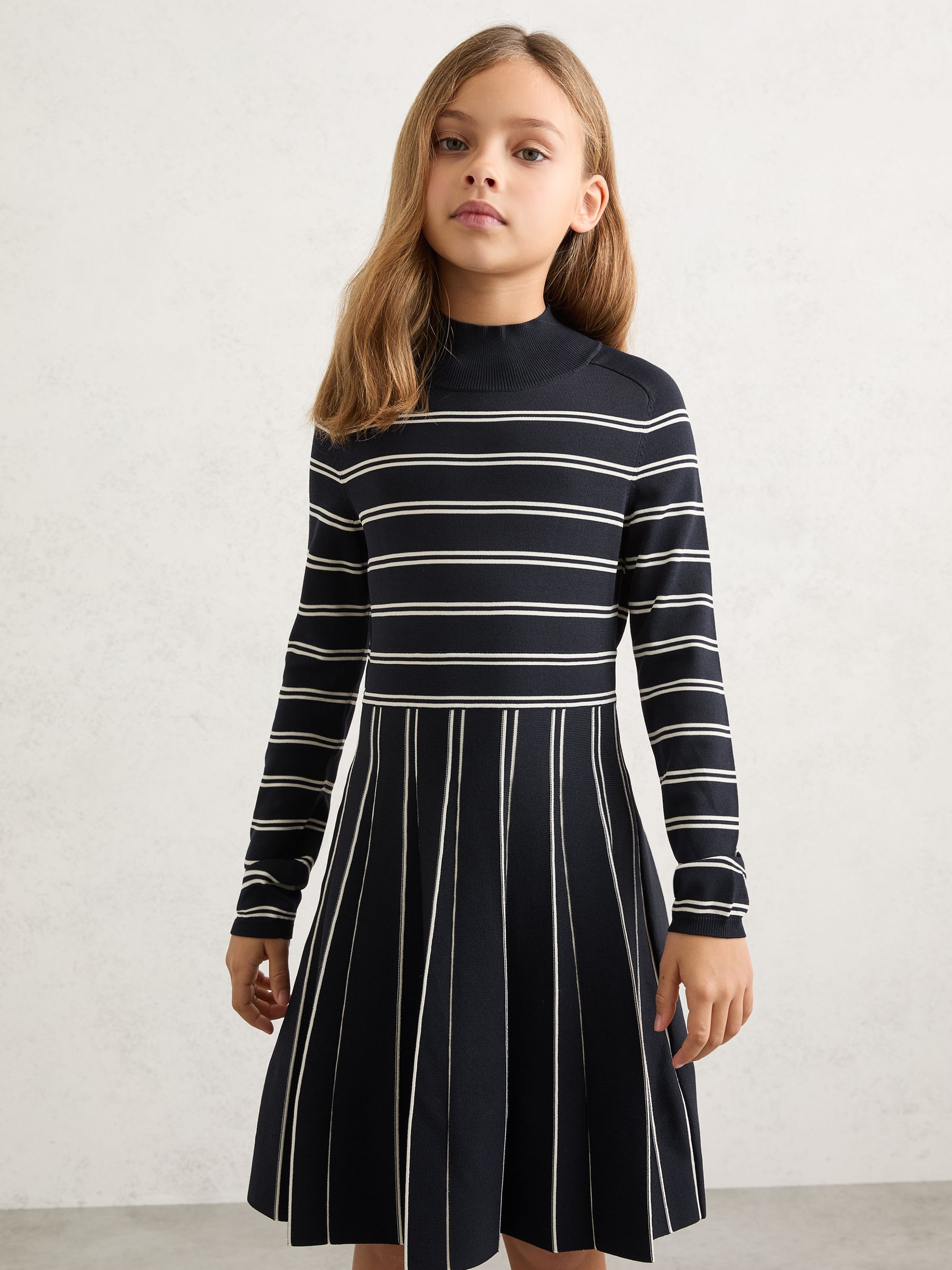 Stripe Knitted Skater Dress in Navy/Ivory - Image 1 of 4