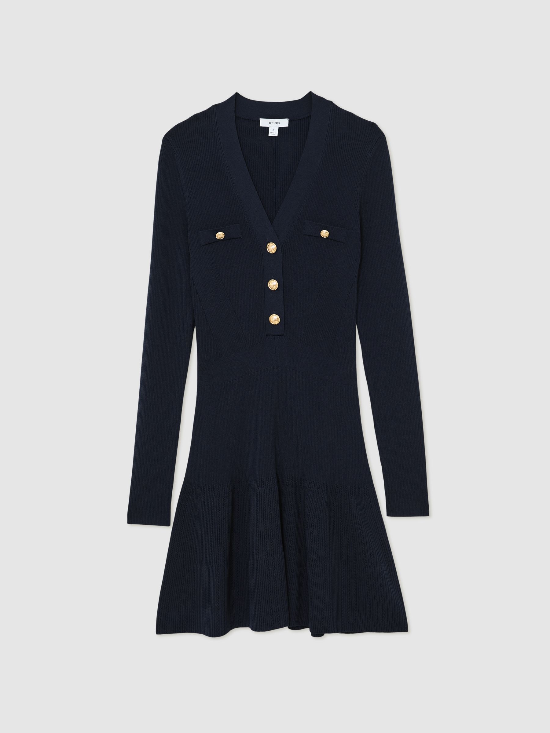Knitted Button-Detail Mini Dress in Navy - image 1