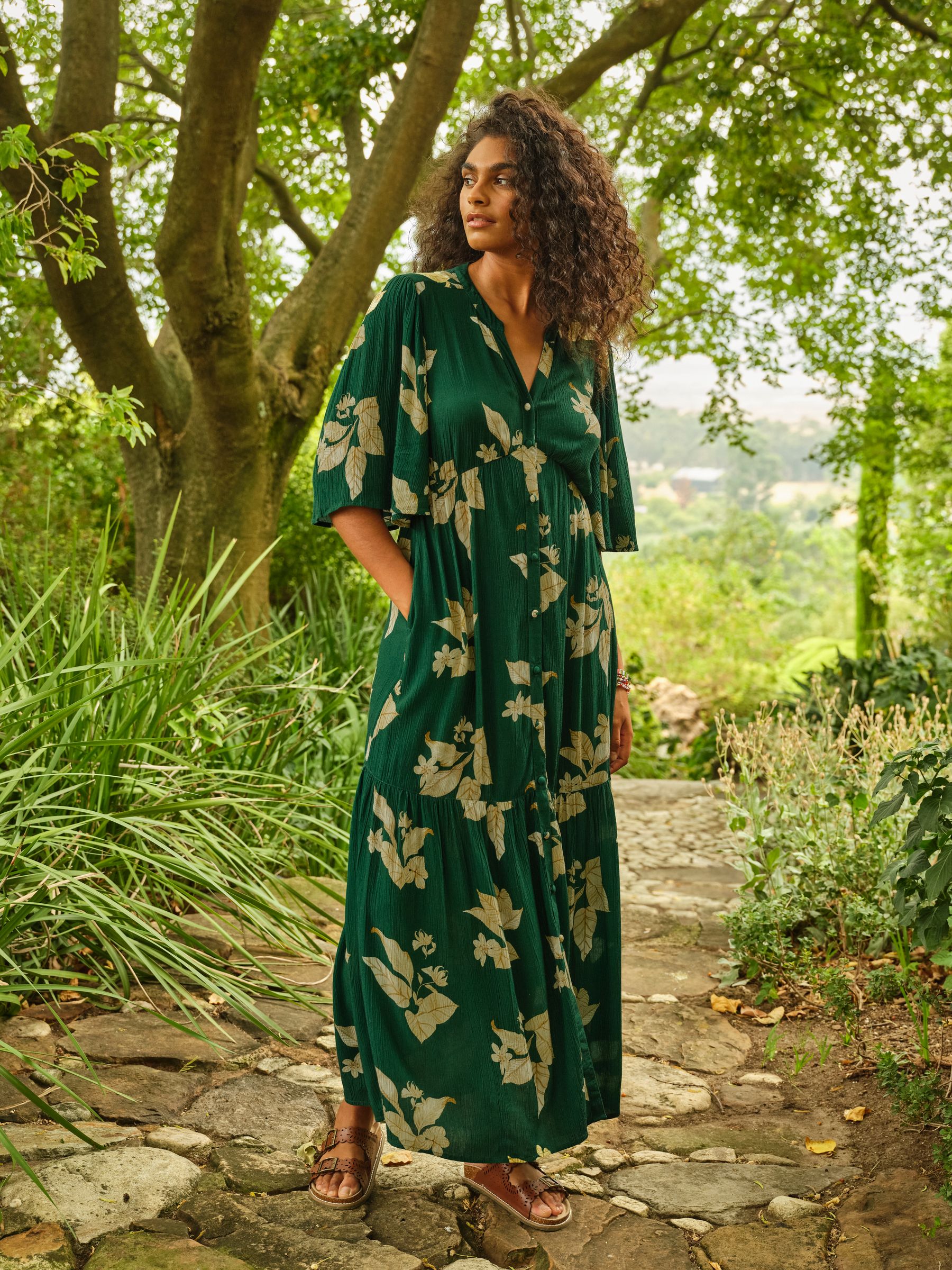 Paige Green Tonal Leaves Regular Midi Dress - Image 1 of 6