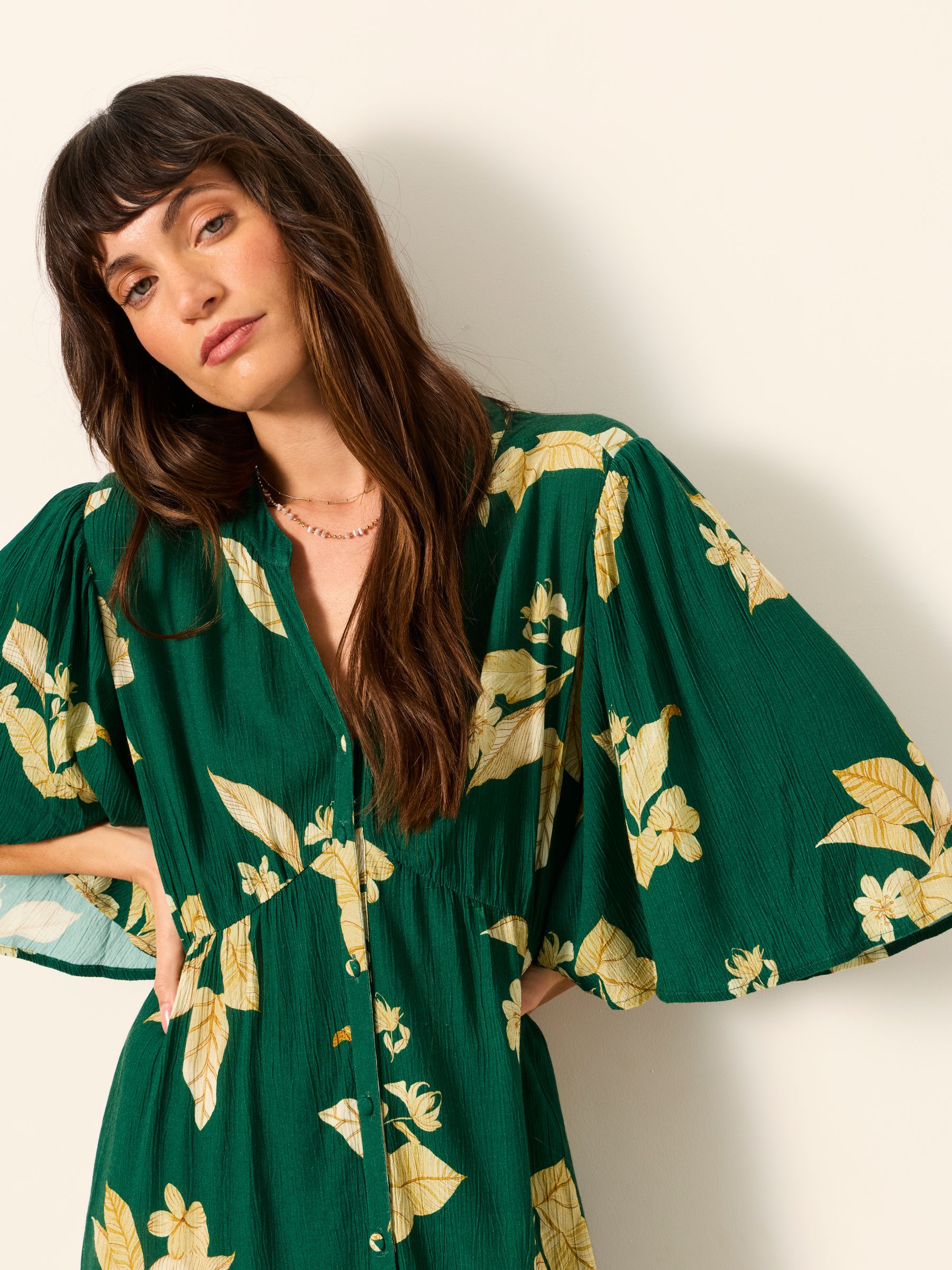 Paige Green Tonal Leaves Regular Midi Dress - Image 4 of 6