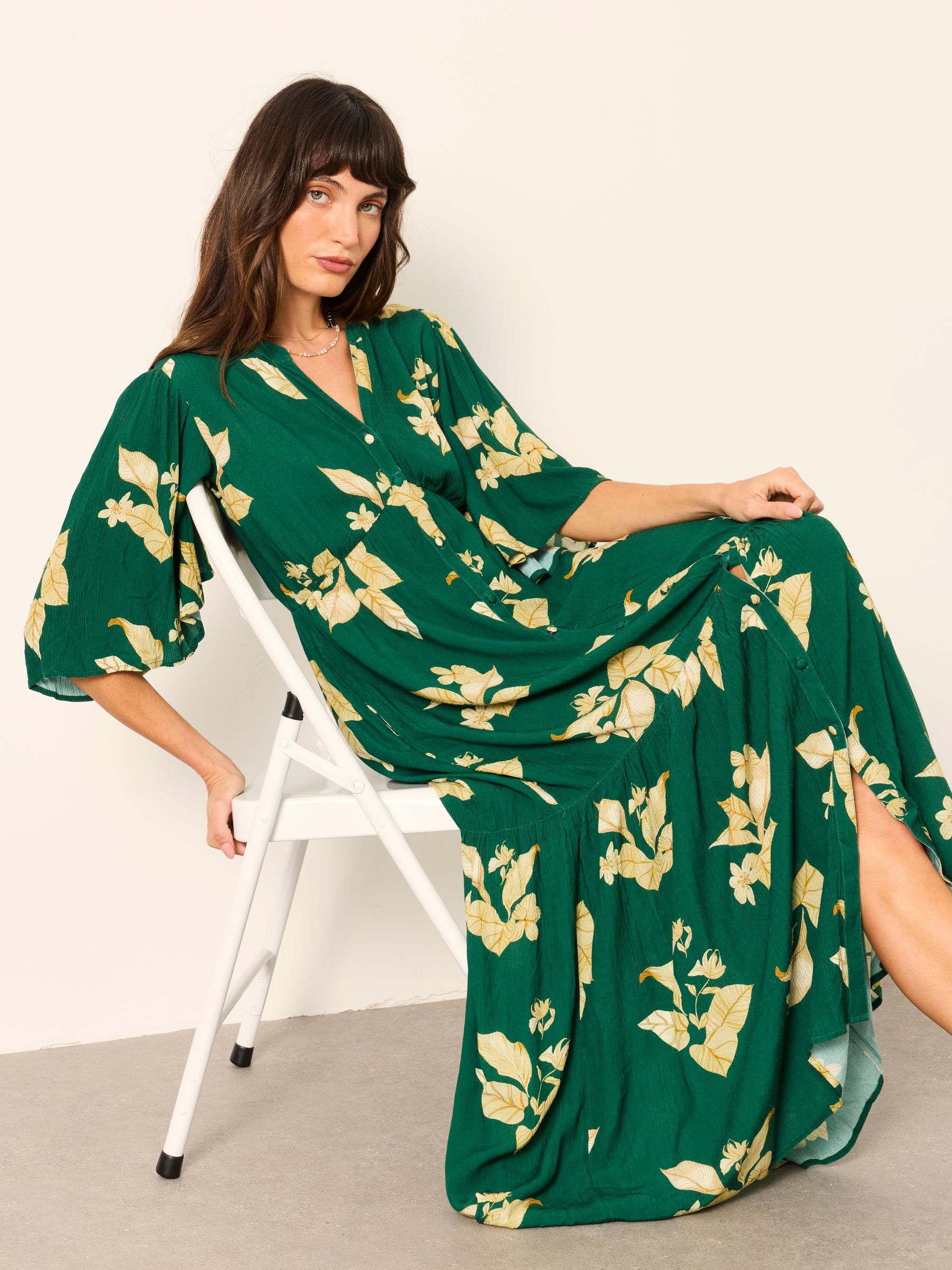 Paige Green Tonal Leaves Regular Midi Dress - Image 5 of 6