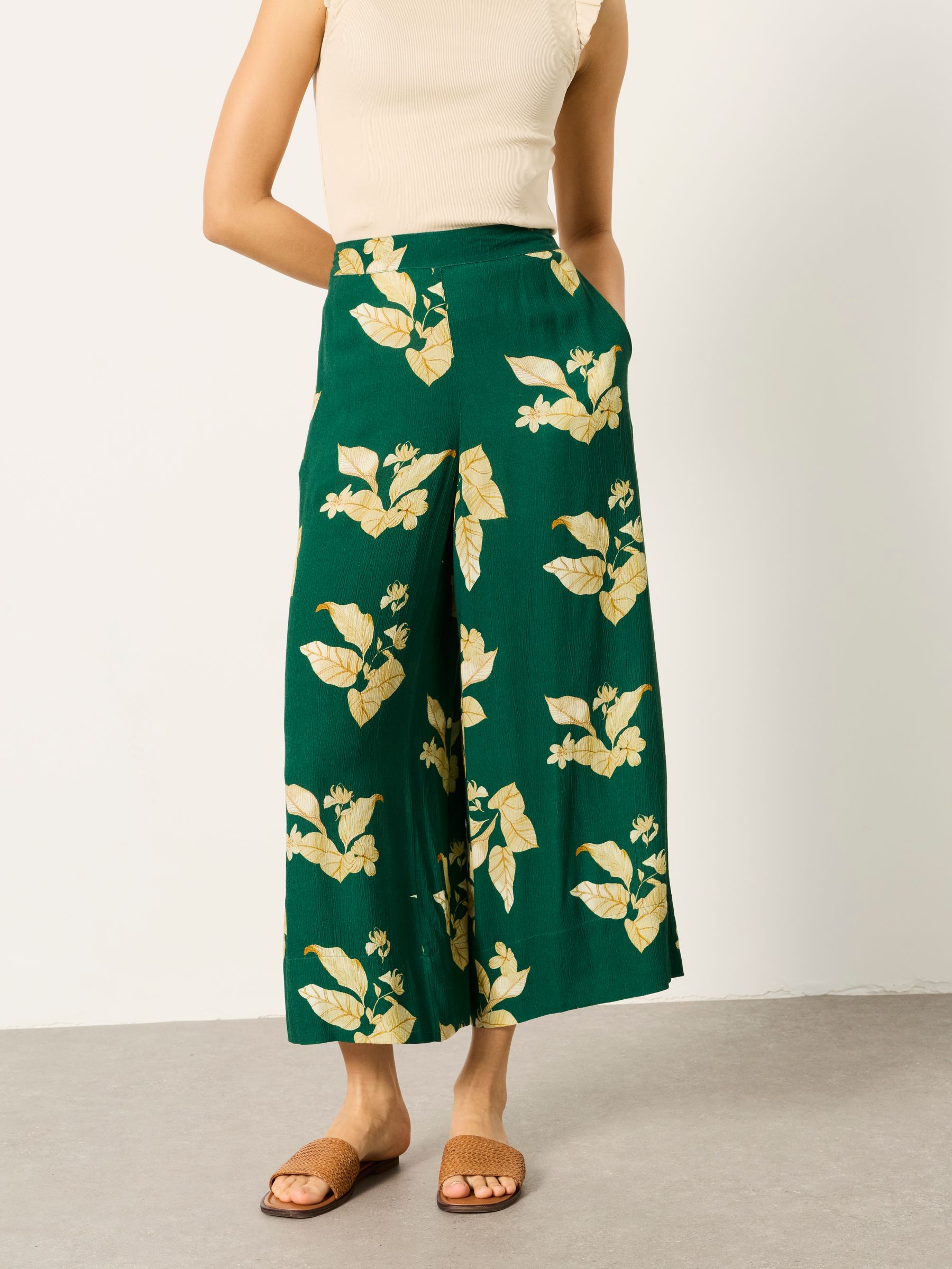 Eliza tonal leaves Green Wide Leg Cropped Trouser - Image 1 of 6