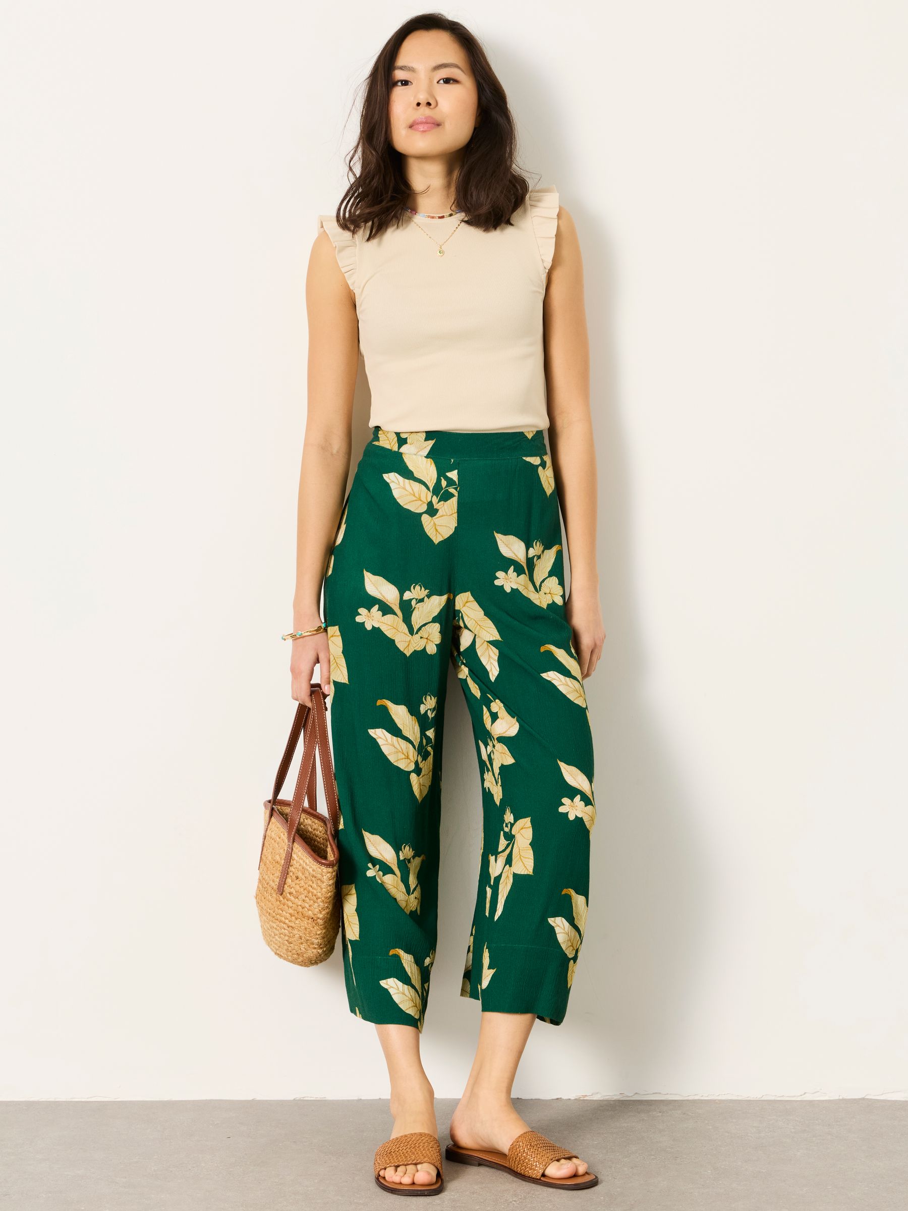 Eliza tonal leaves Green Wide Leg Cropped Trouser - Image 3 of 6