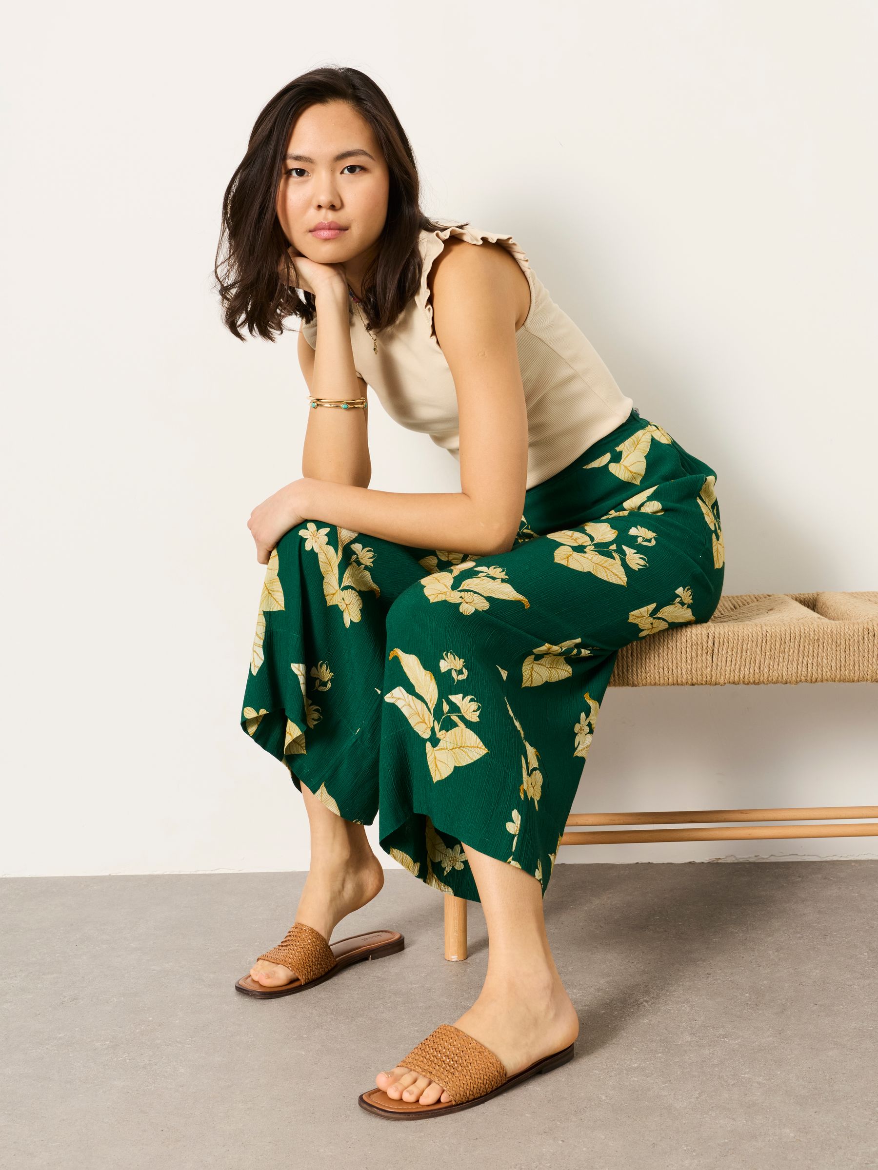 Eliza tonal leaves Green Wide Leg Cropped Trouser - Image 4 of 6