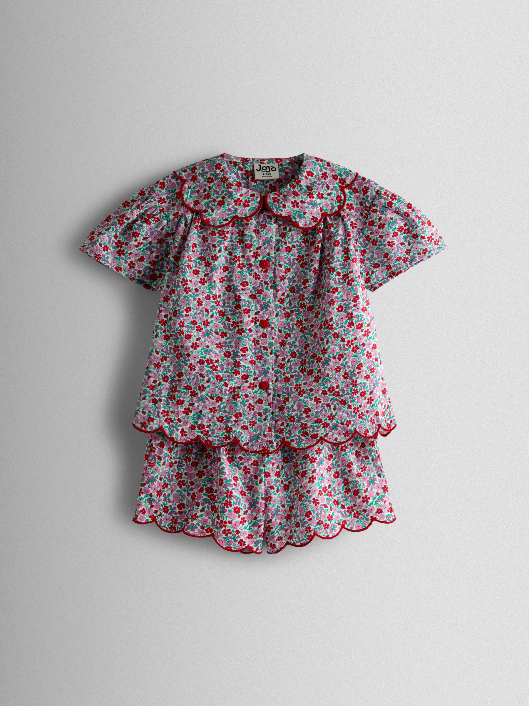 Red Floral Scalloped Collared Shirt and Shorts Set - Image 1 of 2 Red Floral Scalloped Collared Shirt and Shorts Set - Image 1 of 2