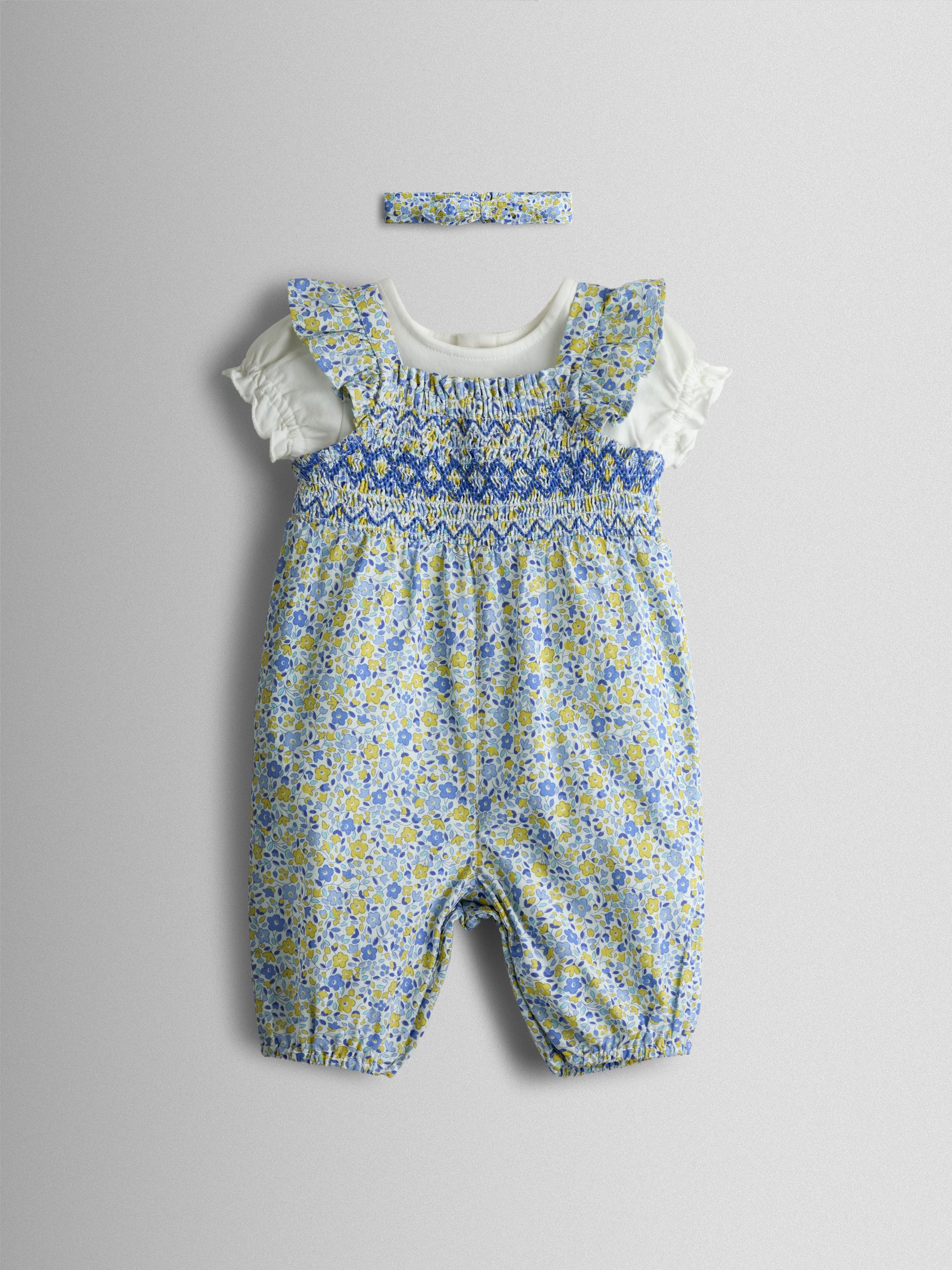 Blue Smocked Dungaree, T-Shirt & Headband Set - Image 1 of 7