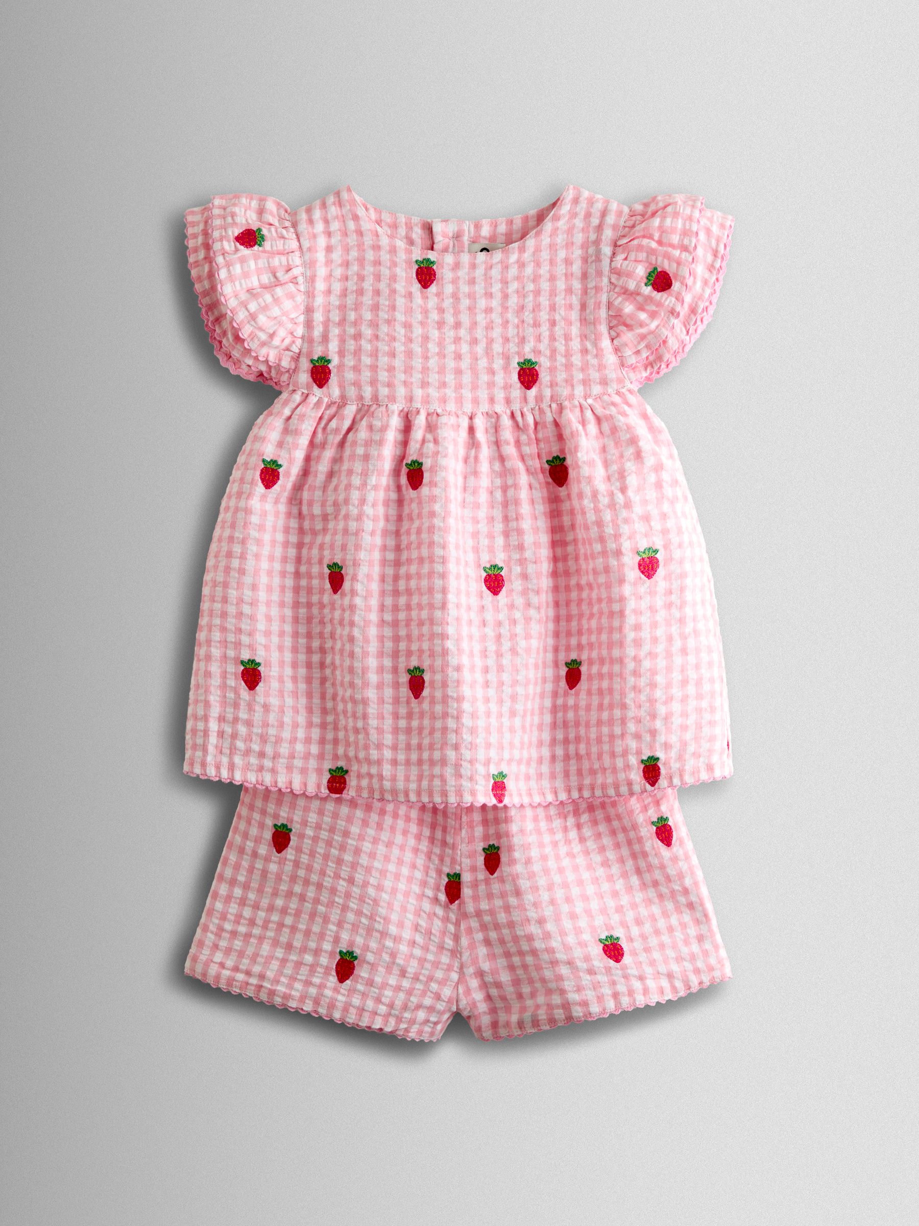 Pink Gingham Strawberry Frill Sleeve Embroidered Top & Short Set - Image 1 of 5
