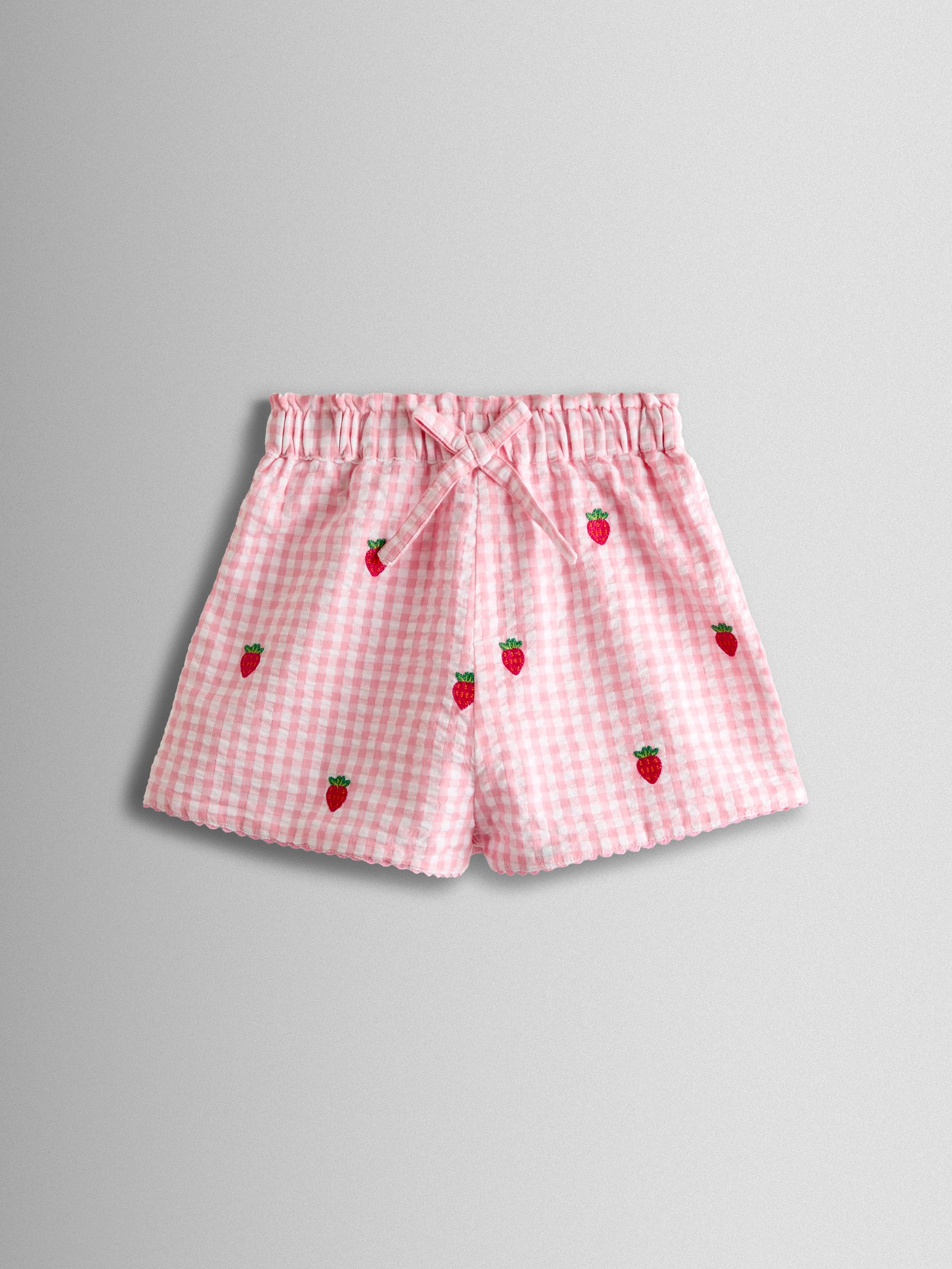 Pink Gingham Strawberry Frill Sleeve Embroidered Top & Short Set - Image 4 of 5