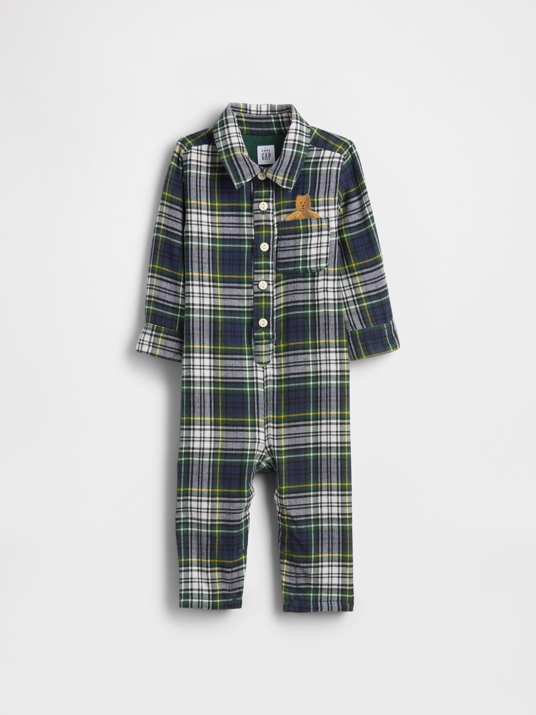 Navy Blue Flannel Bear Pocket One-Piece Sleepsuit - Image 1 of 3 Navy Blue Flannel Bear Pocket One-Piece Sleepsuit - Image 1 of 3