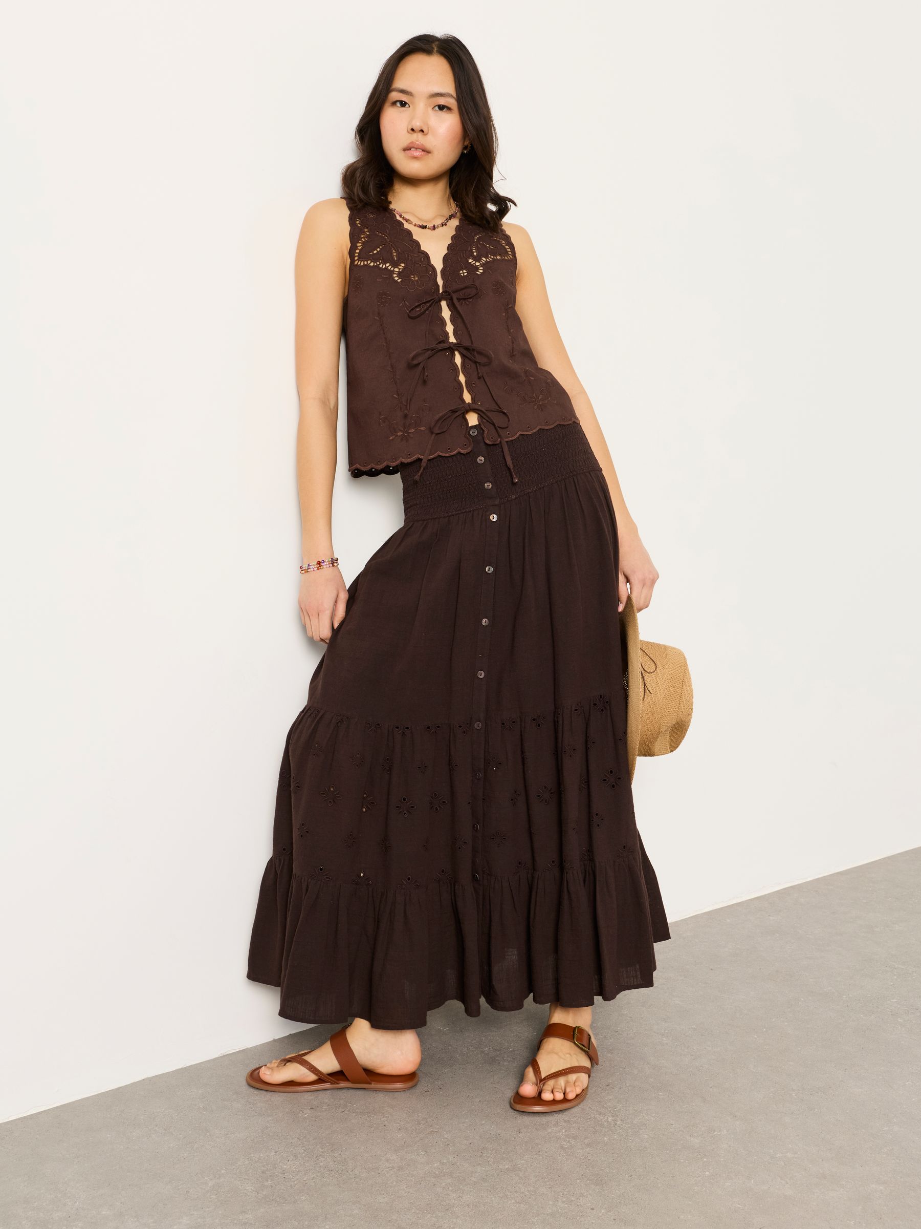 Rhea Chocolate Brown Cutwork Maxi Skirt - Image 1 of 6