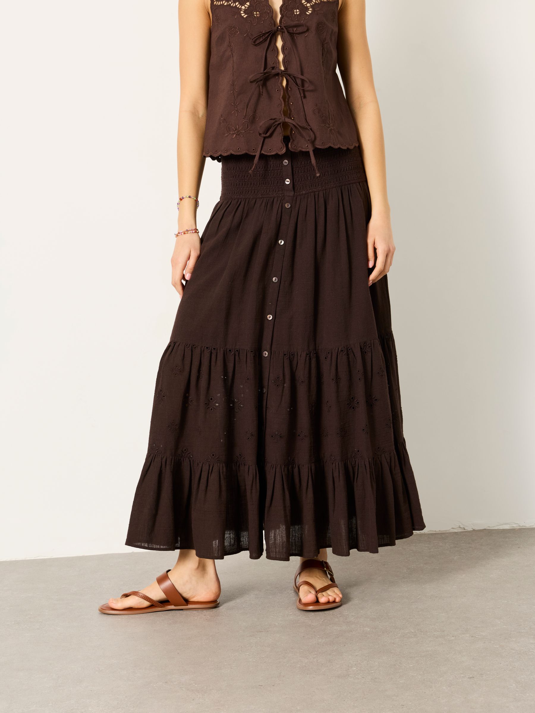 Rhea Chocolate Brown Cutwork Maxi Skirt - Image 2 of 6