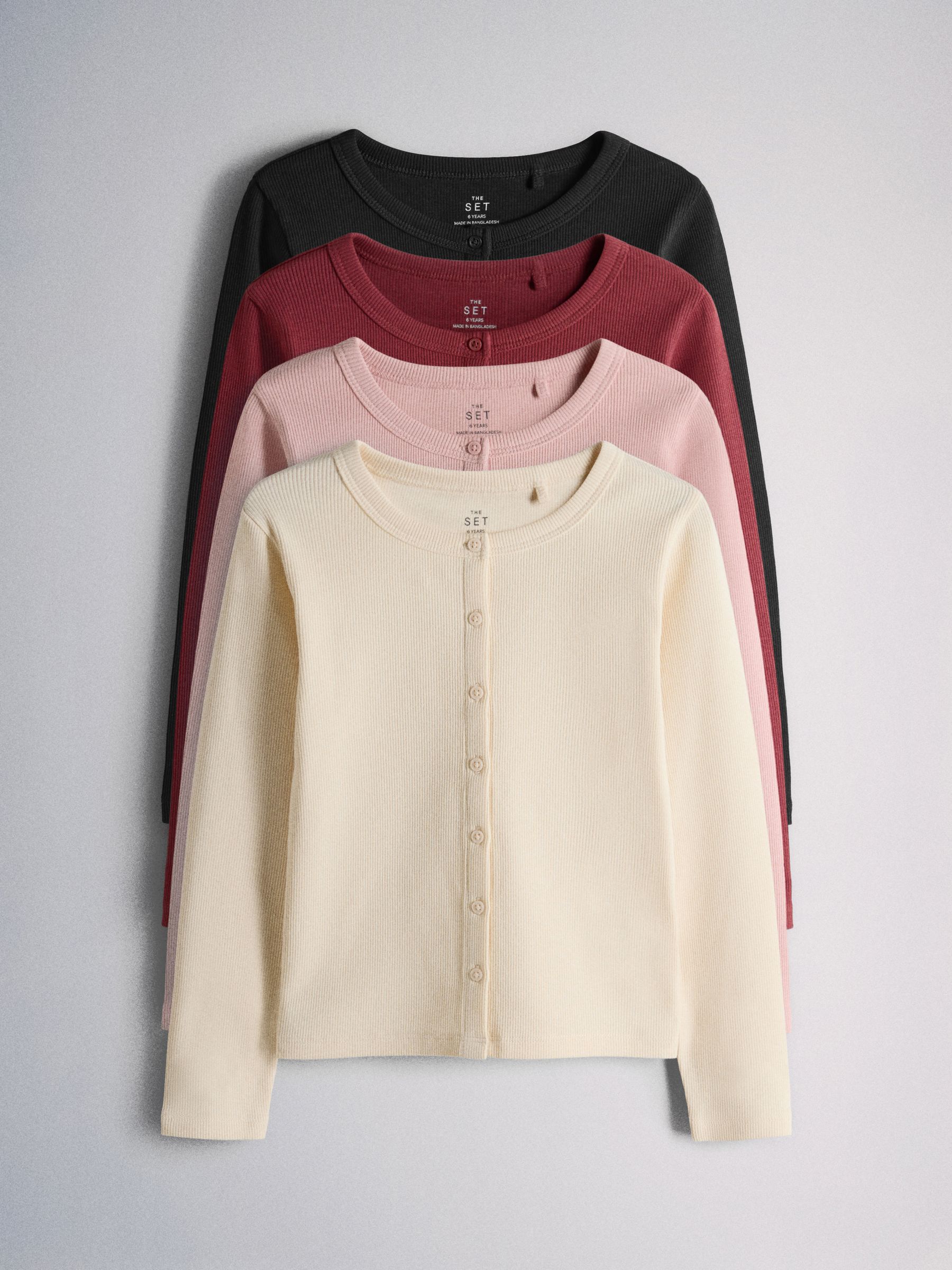 The Set 4 Pack Long Sleeve Rib Button Through Cotton Tops Pink/Cream - Image 1 of 6