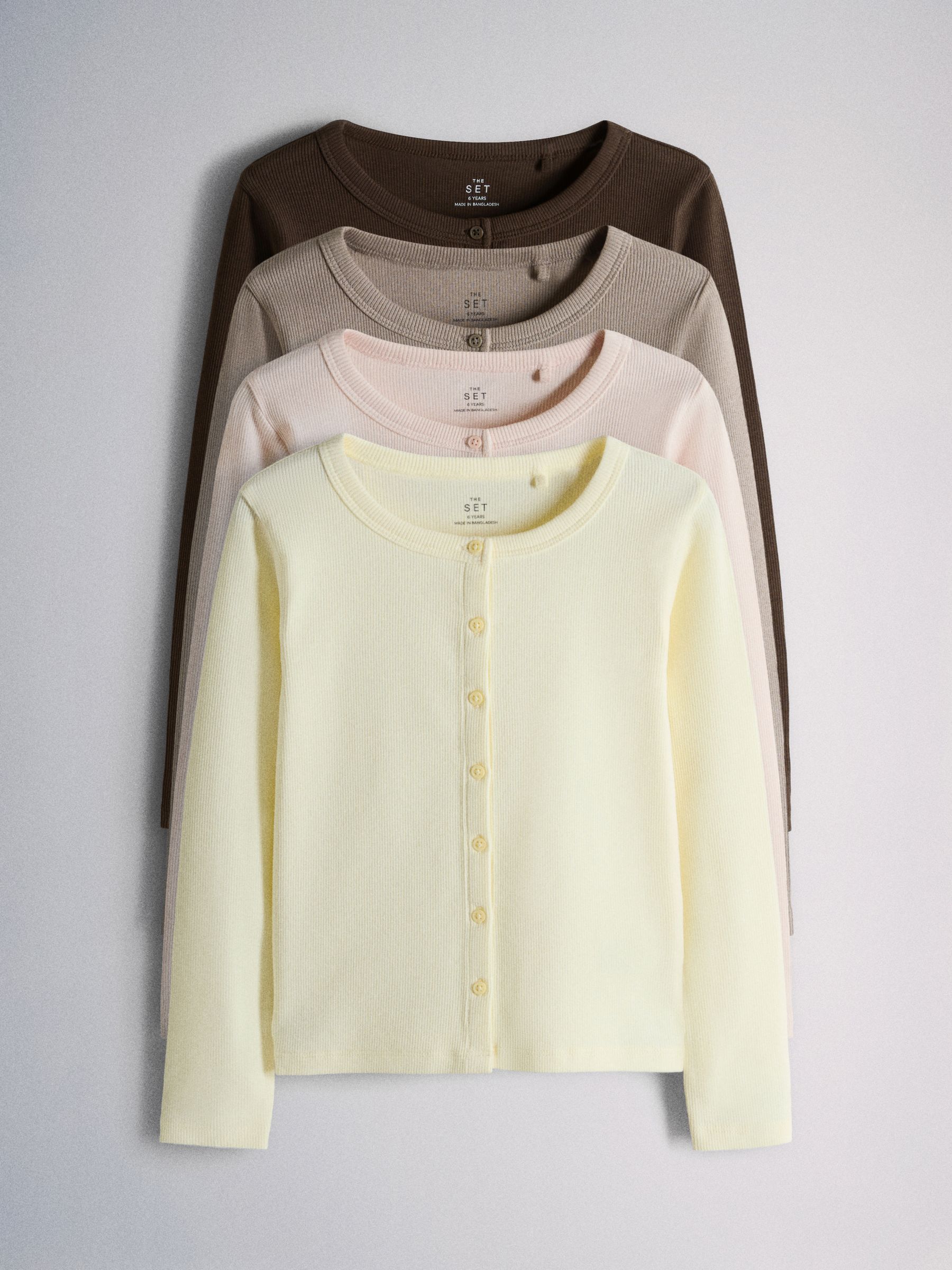 The Set 4 Pack Long Sleeve Rib Button Through Cotton Tops Brown Pink - Image 1 of 6