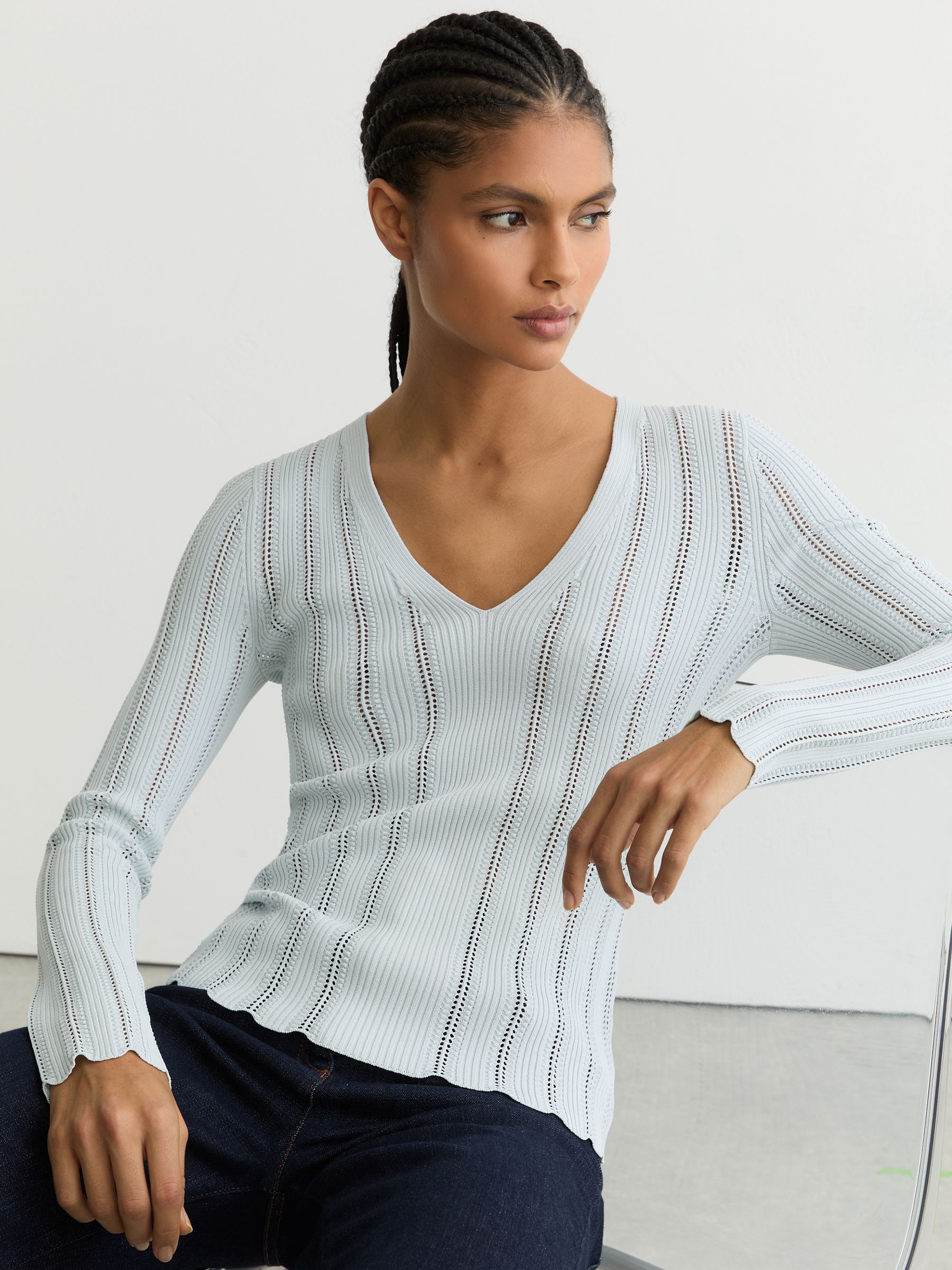 Open-Stitch V-Neck Jumper in Pale Blue - Image 1 of 7