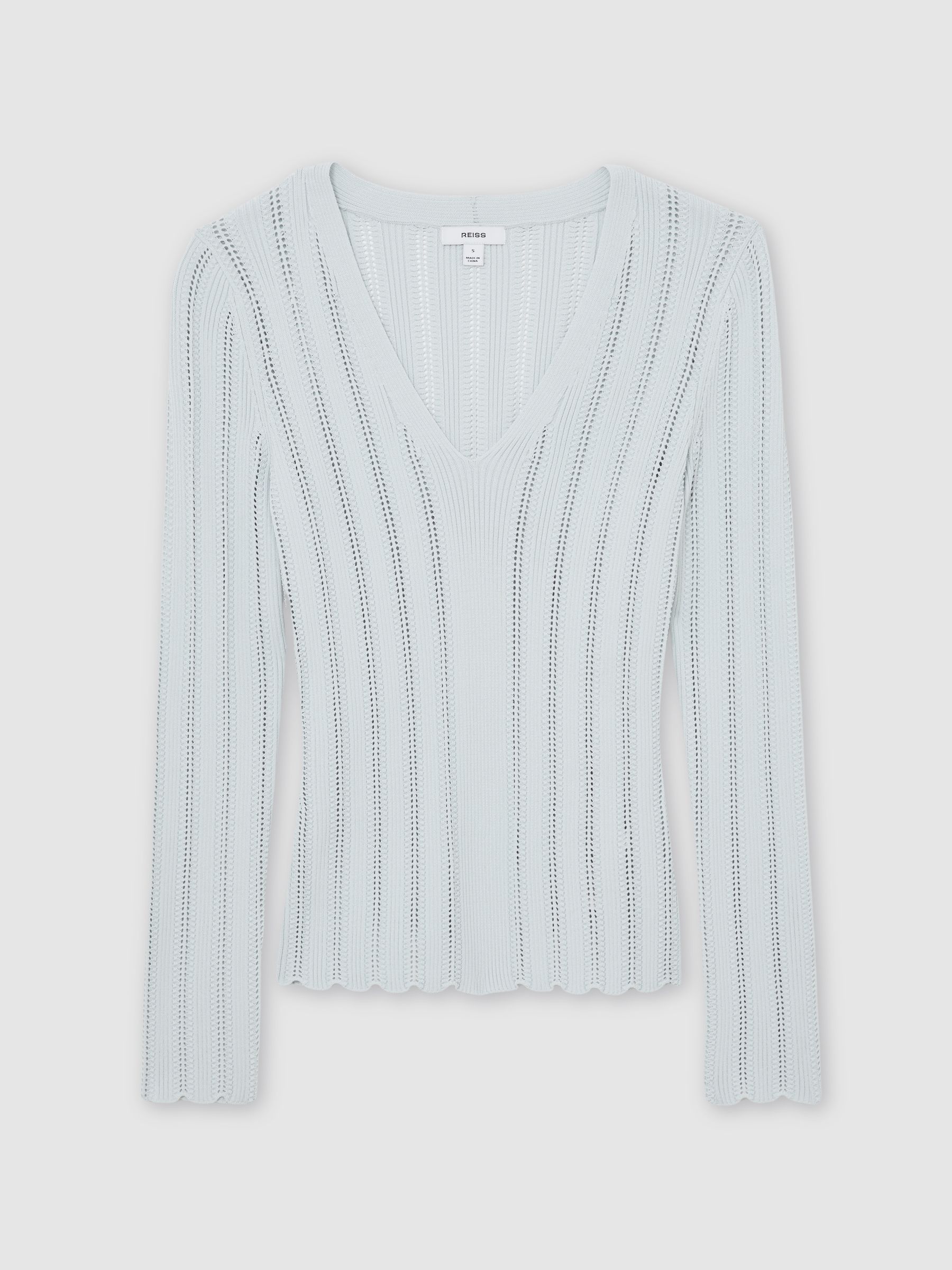 Open-Stitch V-Neck Jumper in Pale Blue - Image 2 of 7