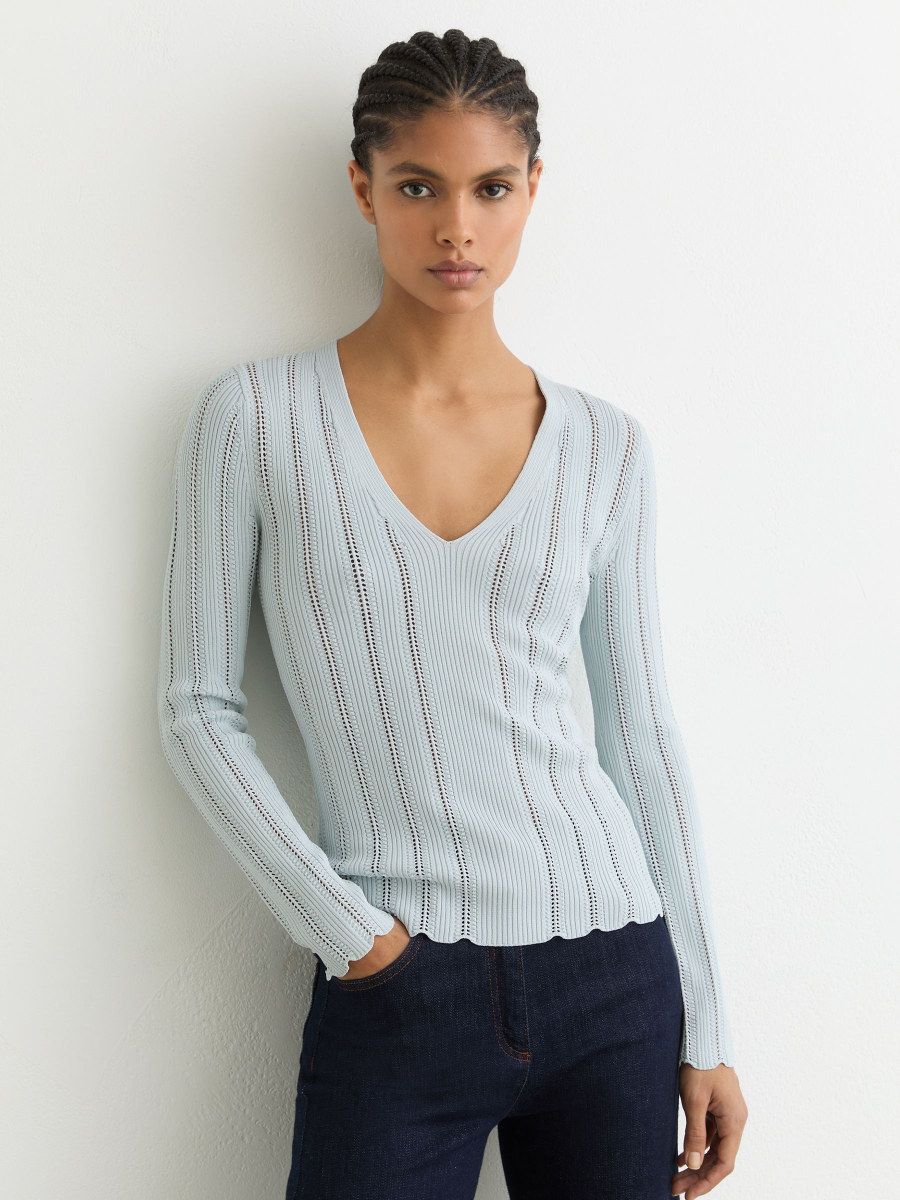 Open-Stitch V-Neck Jumper in Pale Blue - image 5