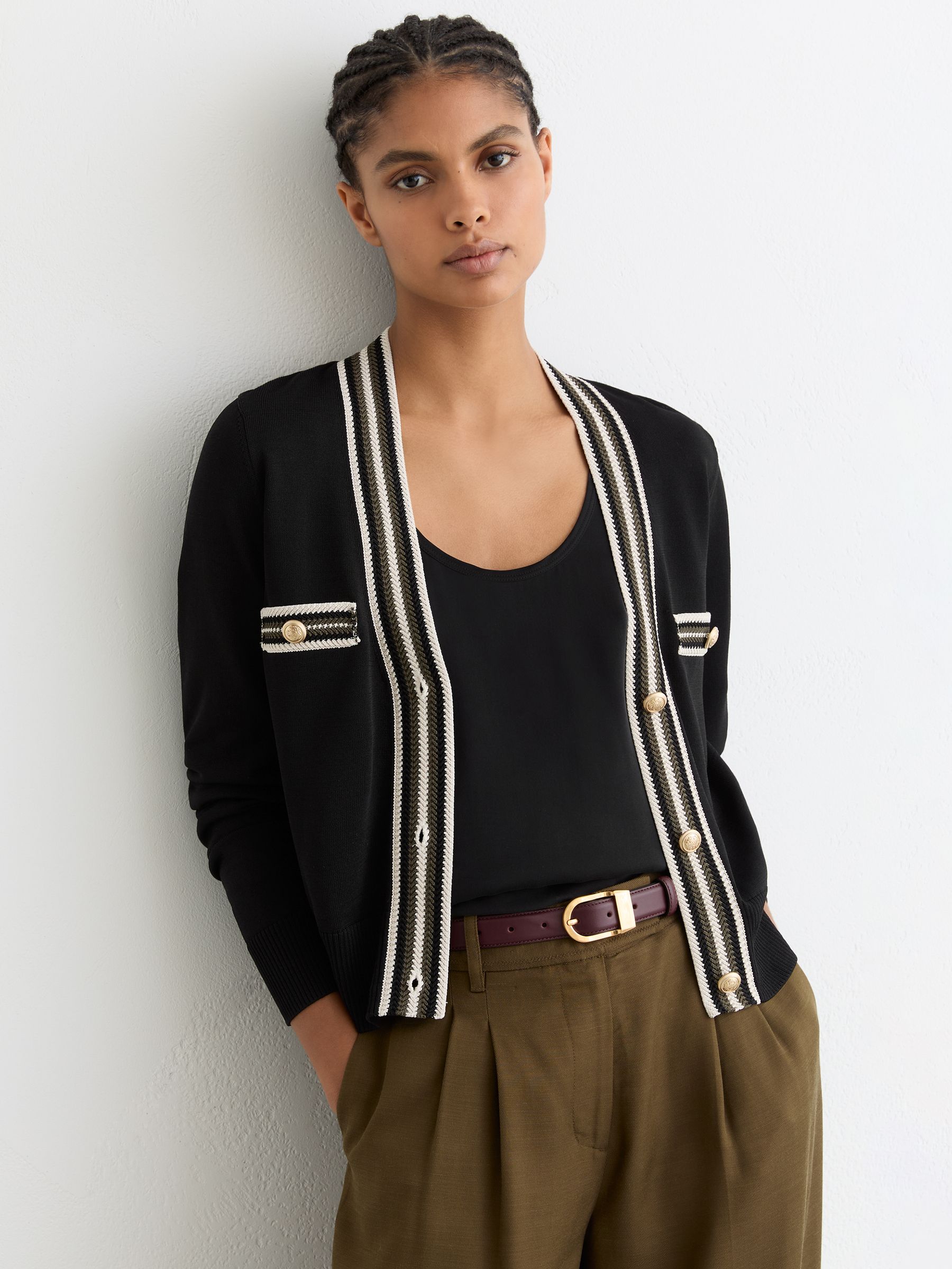Tipped Button-Through Cardigan in Black/Khaki Green - Image 1 of 6