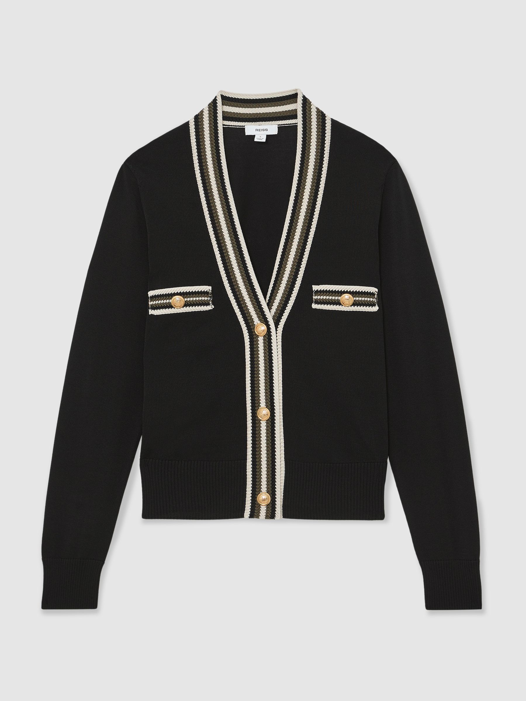 Tipped Button-Through Cardigan in Black/Khaki Green - Image 2 of 6