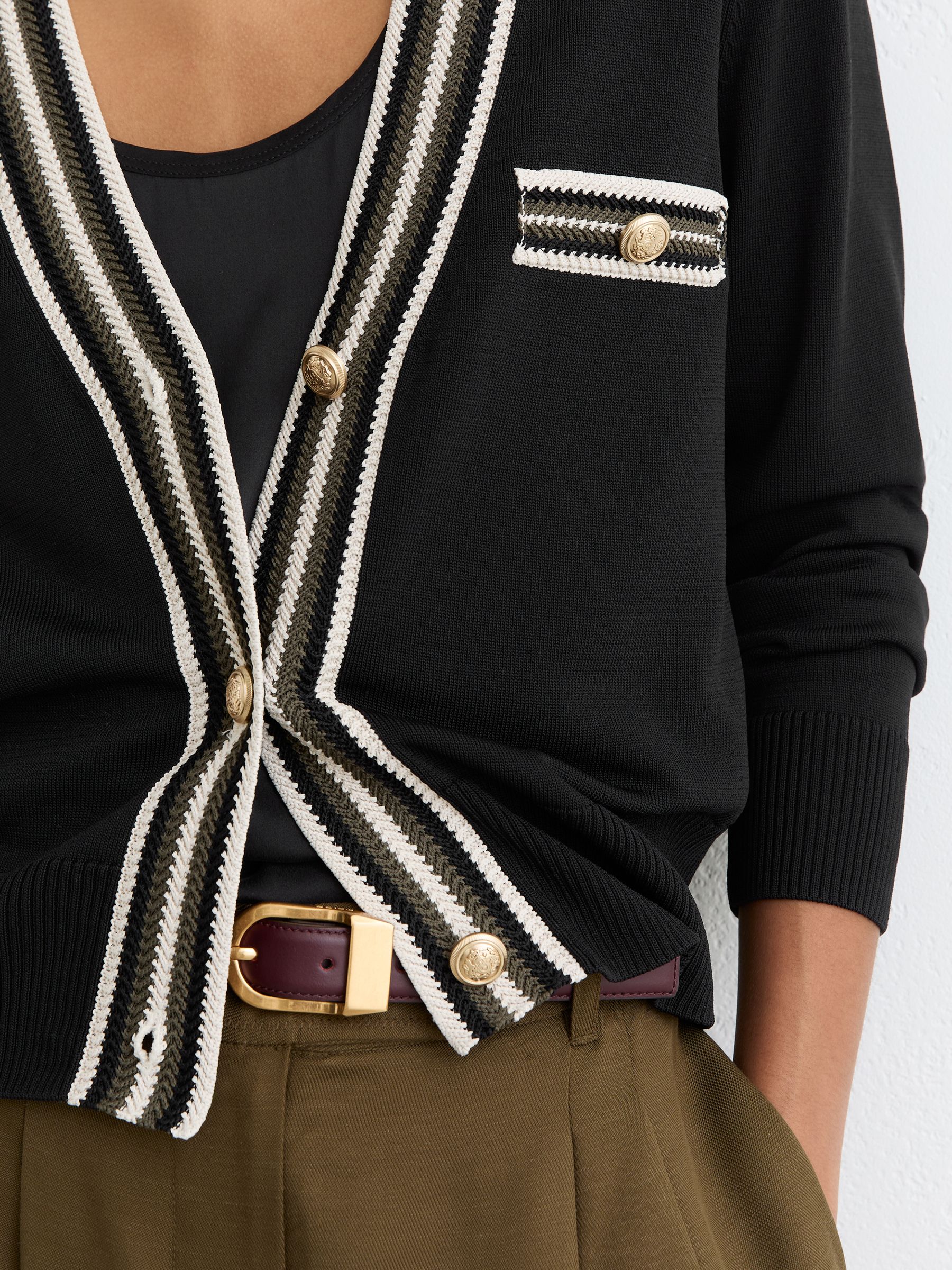 Tipped Button-Through Cardigan in Black/Khaki Green - Image 4 of 6