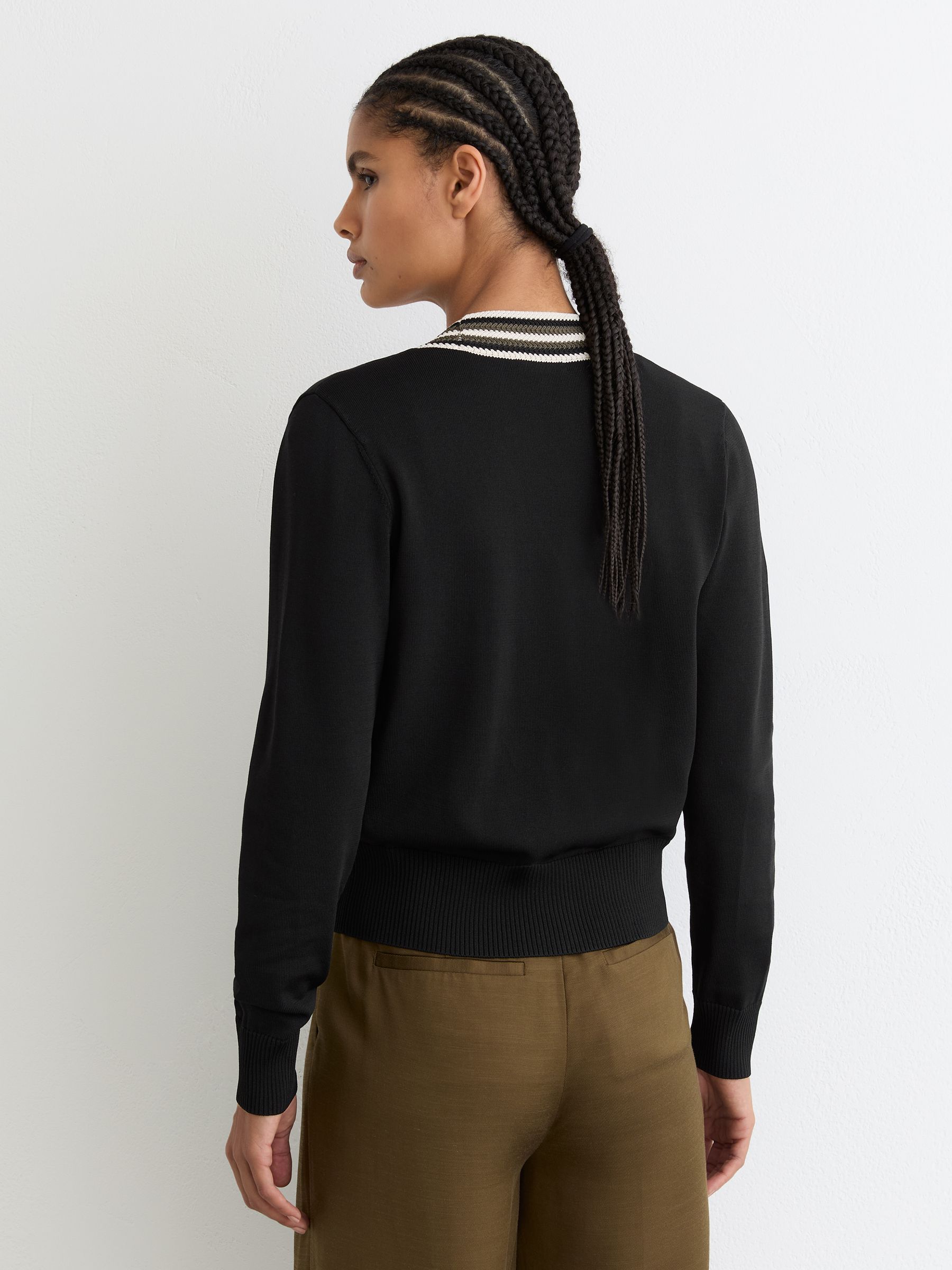 Tipped Button-Through Cardigan in Black/Khaki Green - image 4