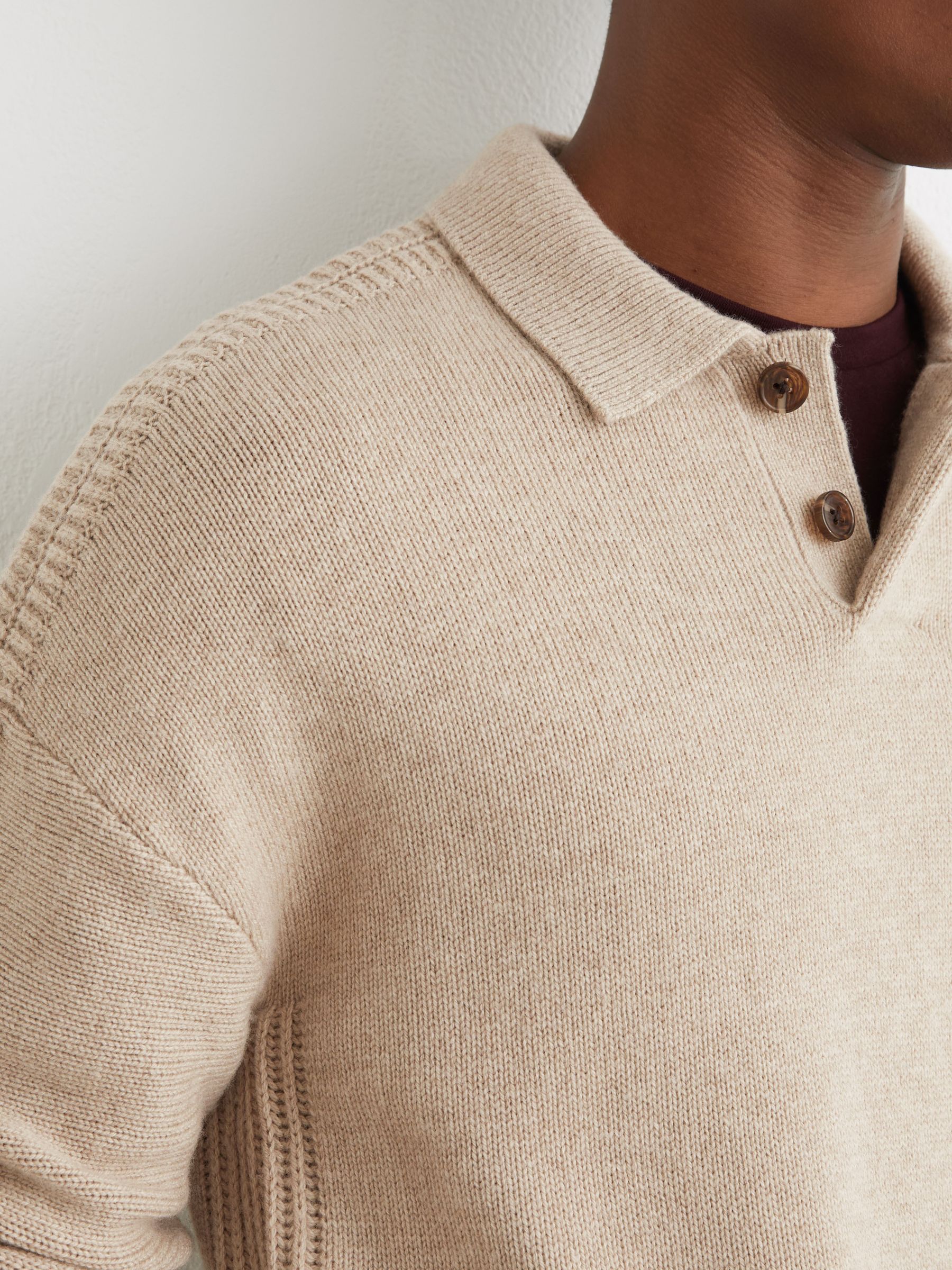 Wool-Blend Half-Button Polo Jumper in Oatmeal - Image 4 of 6