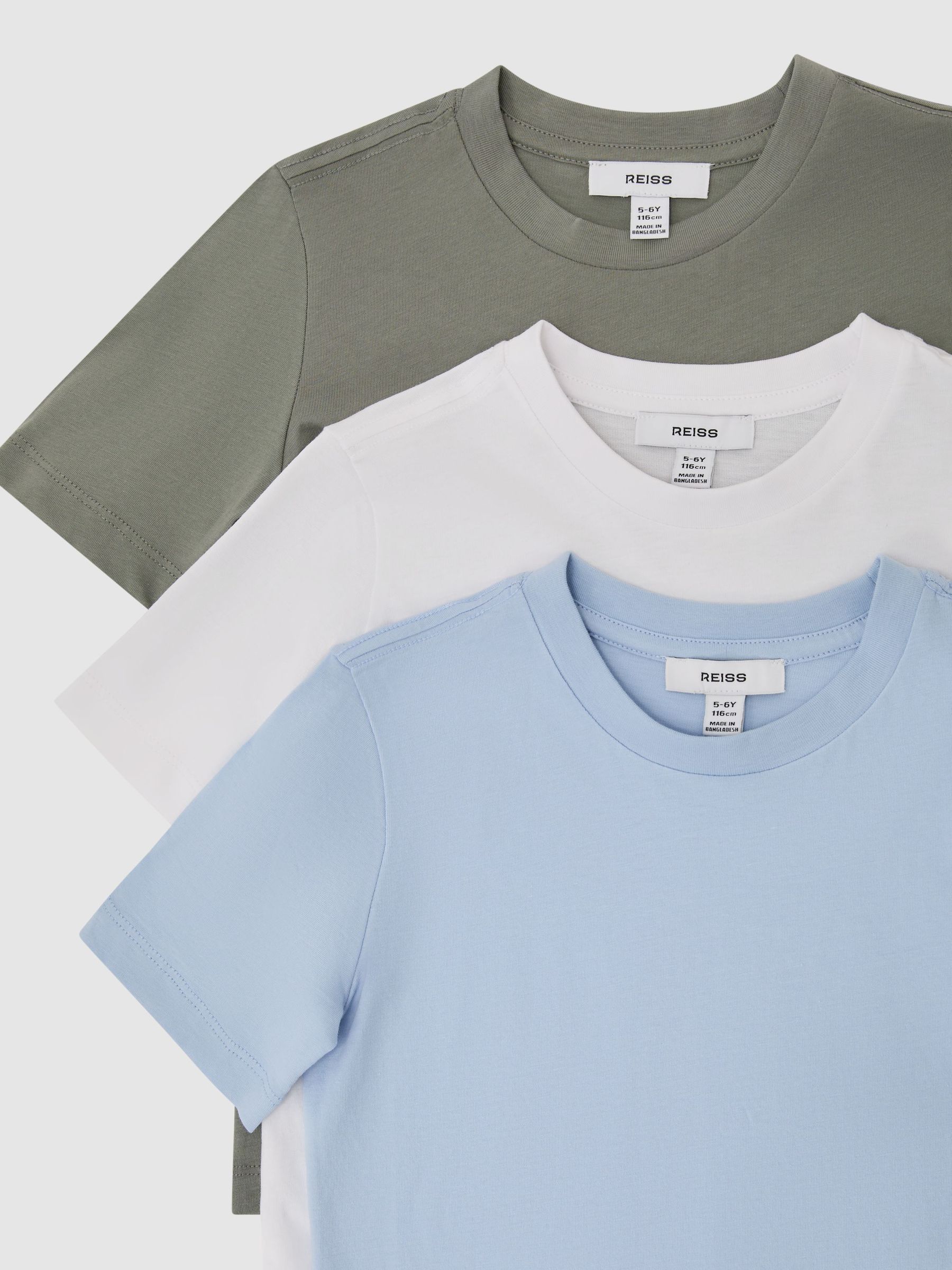 9-13 yrs 3 Pack Cotton Crew-Neck T-Shirts in Soft Blue/Dark Sage/White - Image 3 of 3