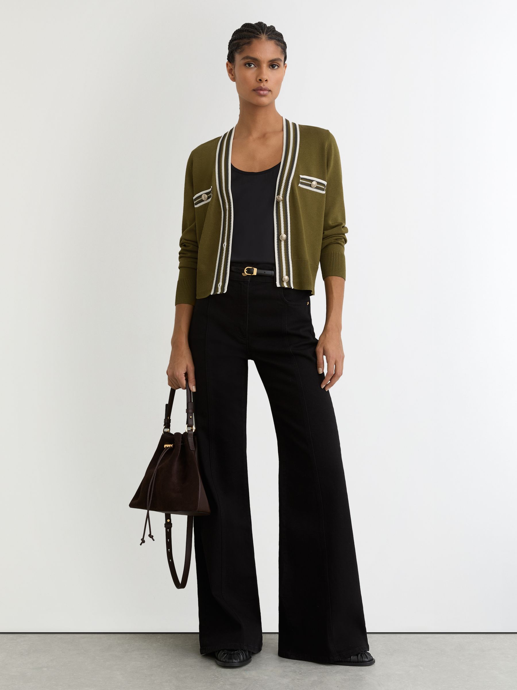 Tipped Button-Through Cardigan in Green/Ivory - image 2