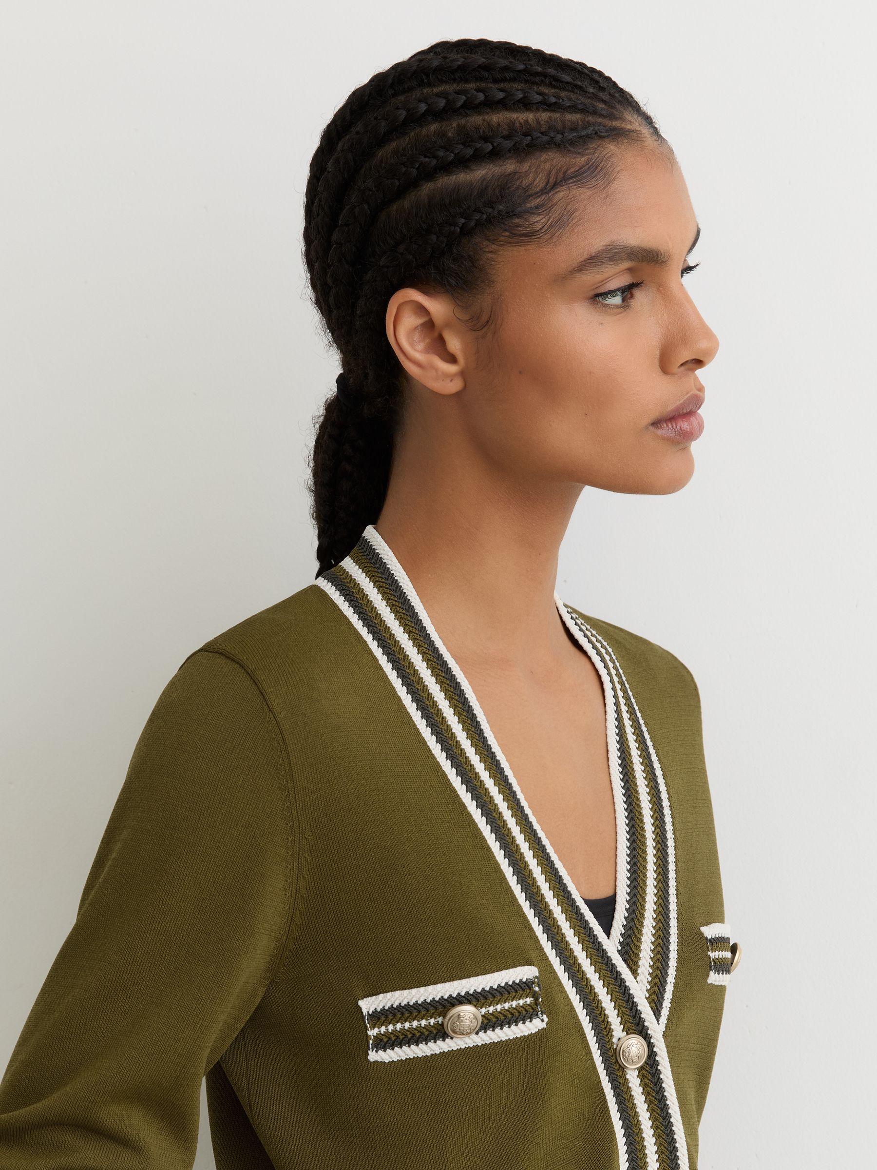 Tipped Button-Through Cardigan in Green/Ivory - image 5