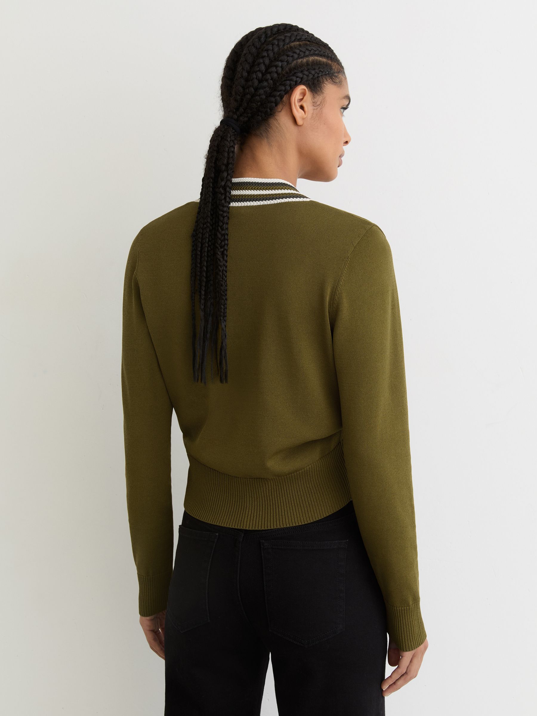 Tipped Button-Through Cardigan in Green/Ivory - image 4