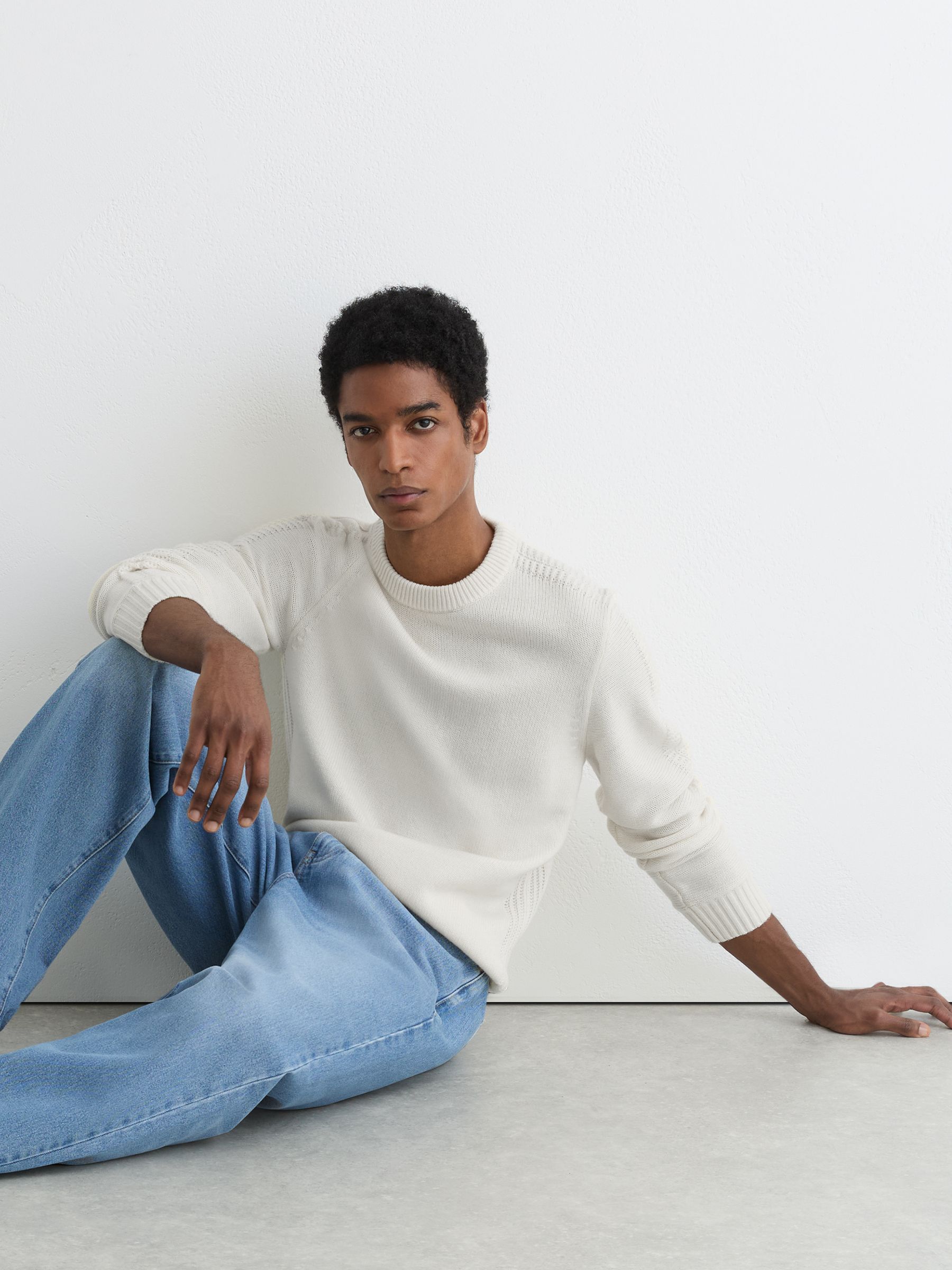 Wool-Blend Rib-Detail Crew-Neck Jumper in White - Image 1 of 8