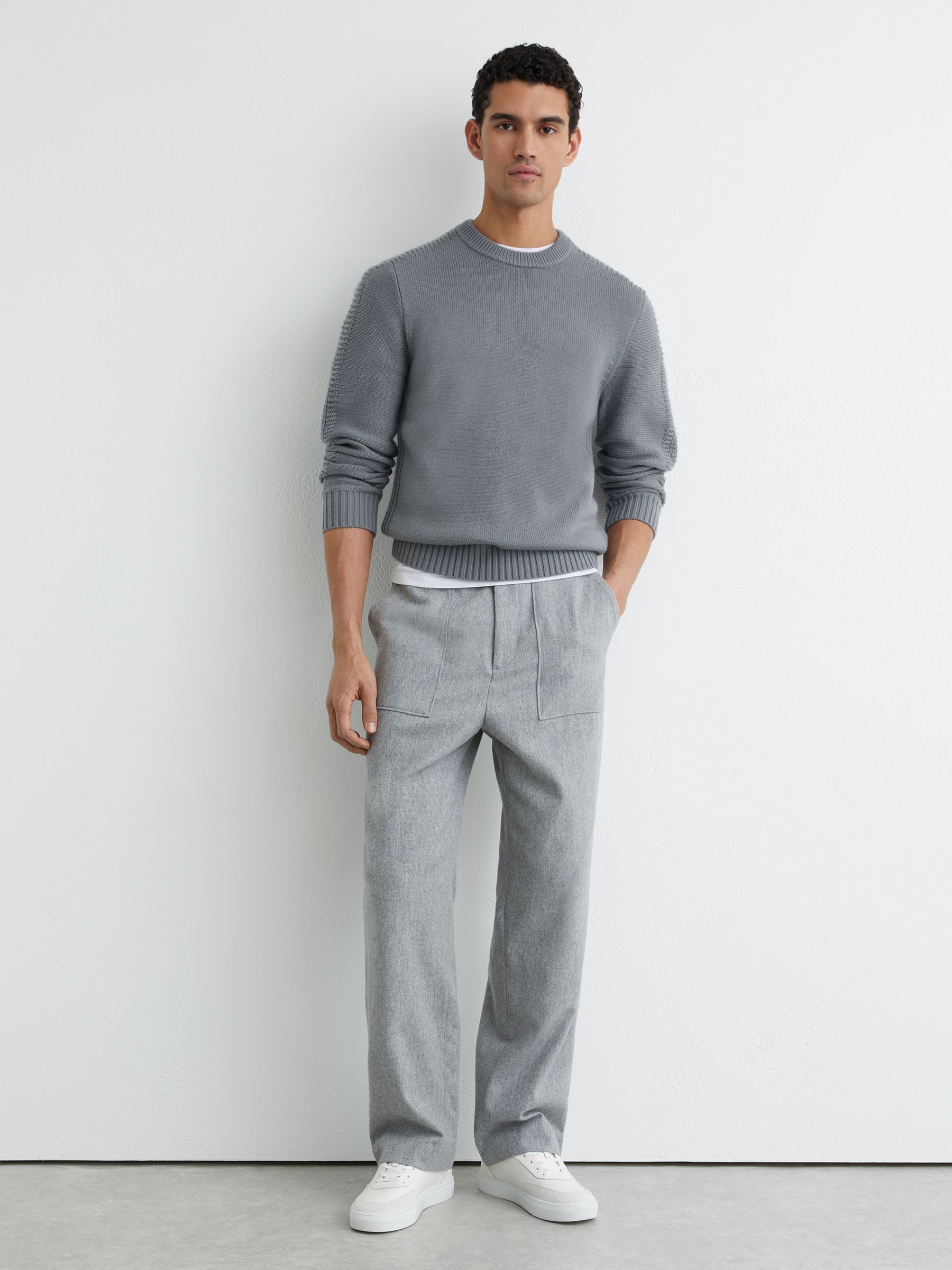 Wool-Blend Rib-Detail Crew-Neck Jumper in Soft Sage Green - Image 3 of 7