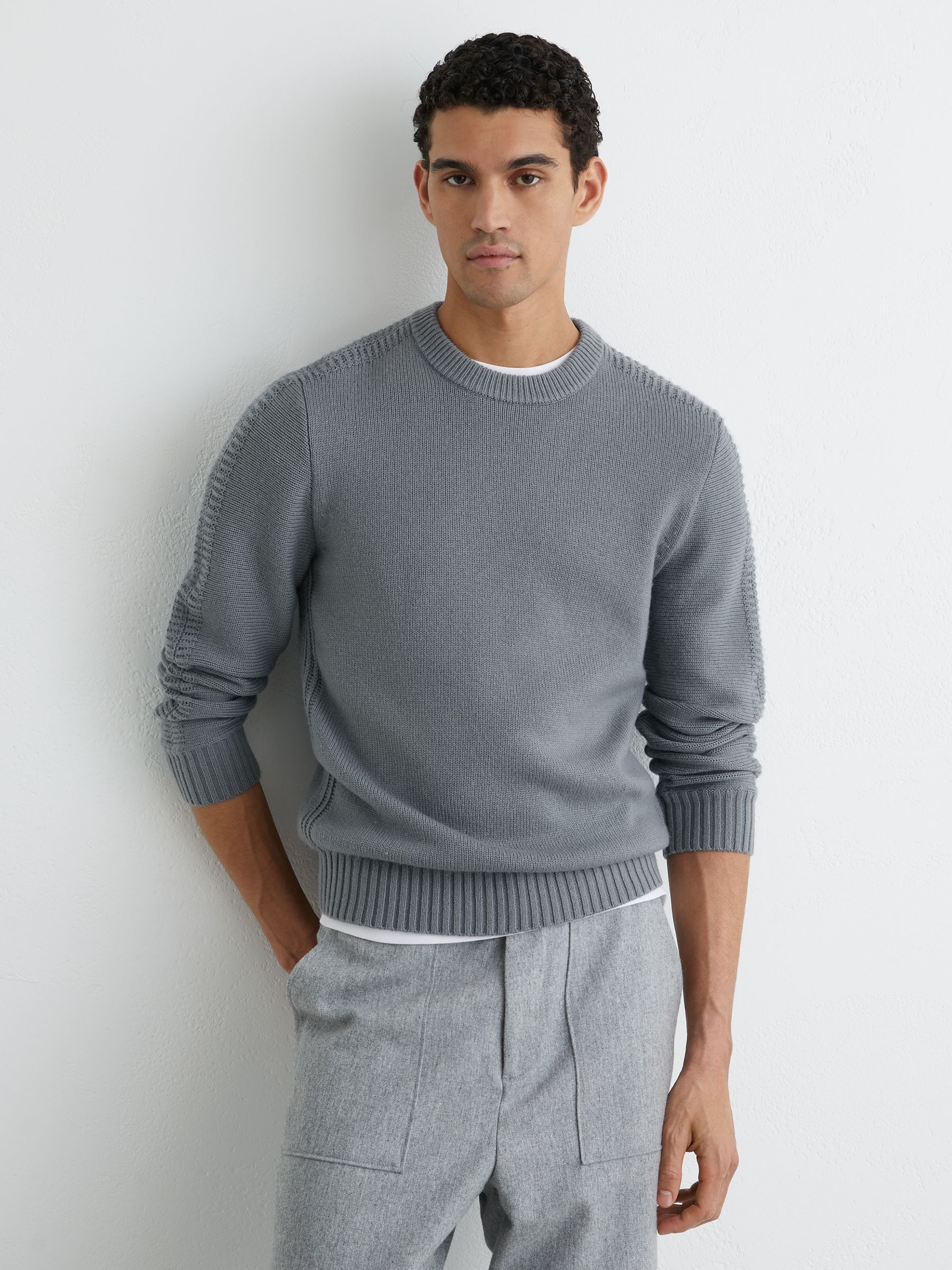 Wool-Blend Rib-Detail Crew-Neck Jumper in Soft Sage Green - Image 5 of 7