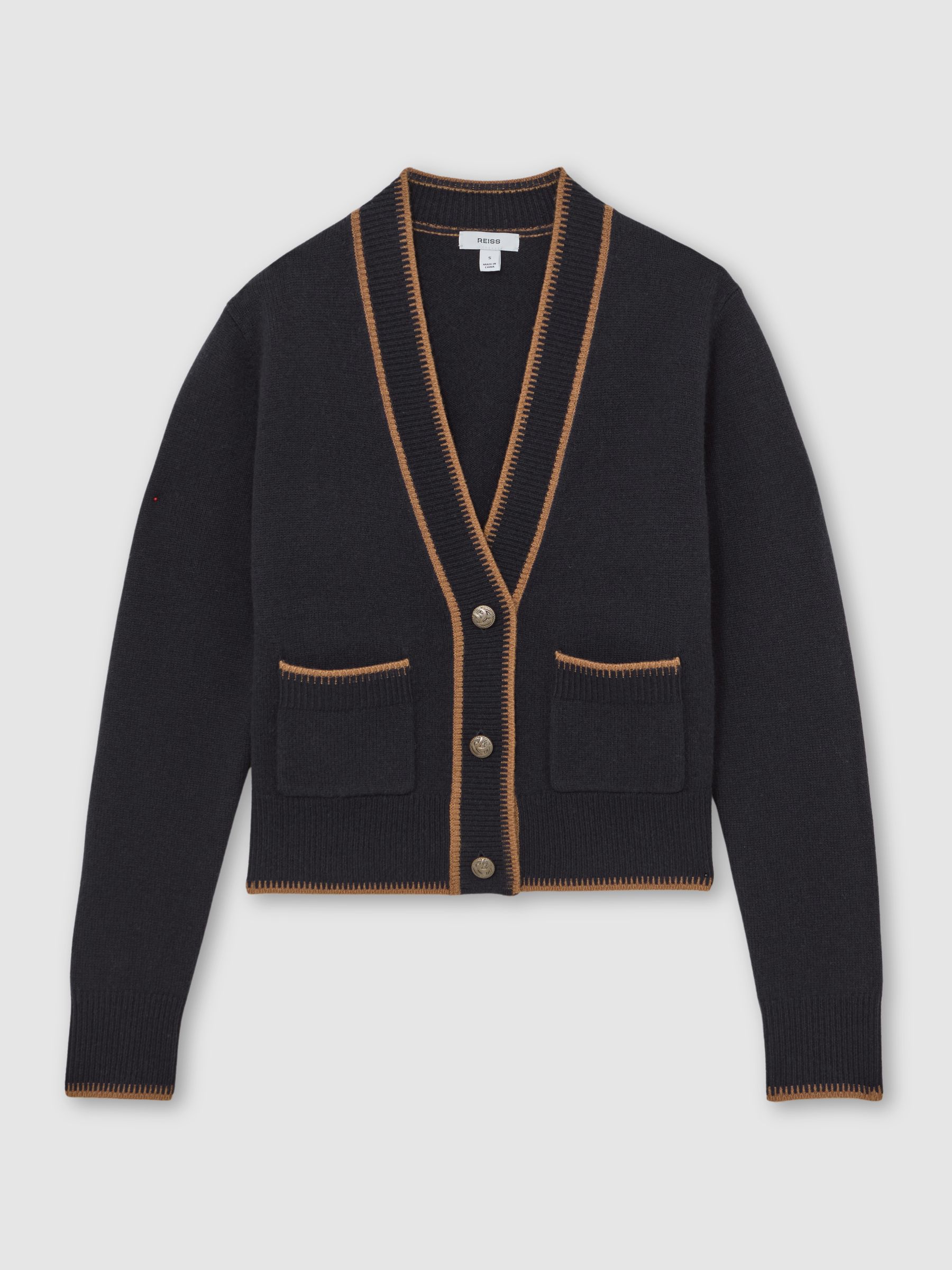 Wool-Cashmere Tipped Cardigan in Navy/Camel - Image 2 of 5