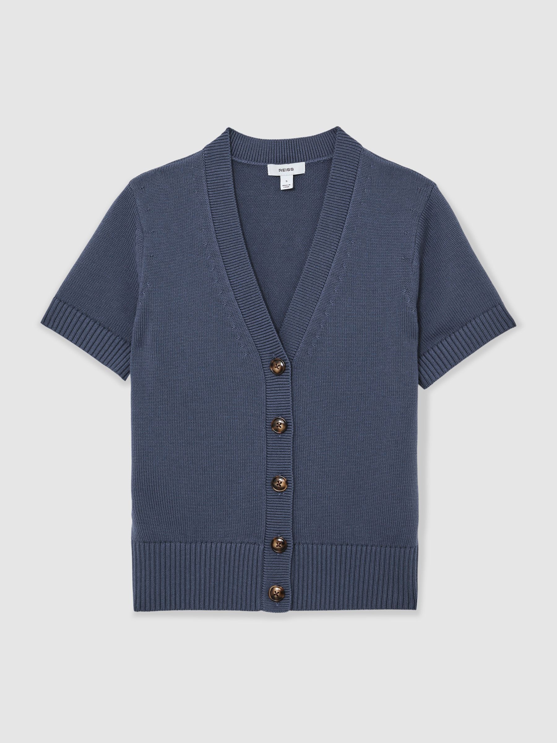V-Neck Short-Sleeve Cardigan Cotton-Wool in Blue - Image 2 of 6