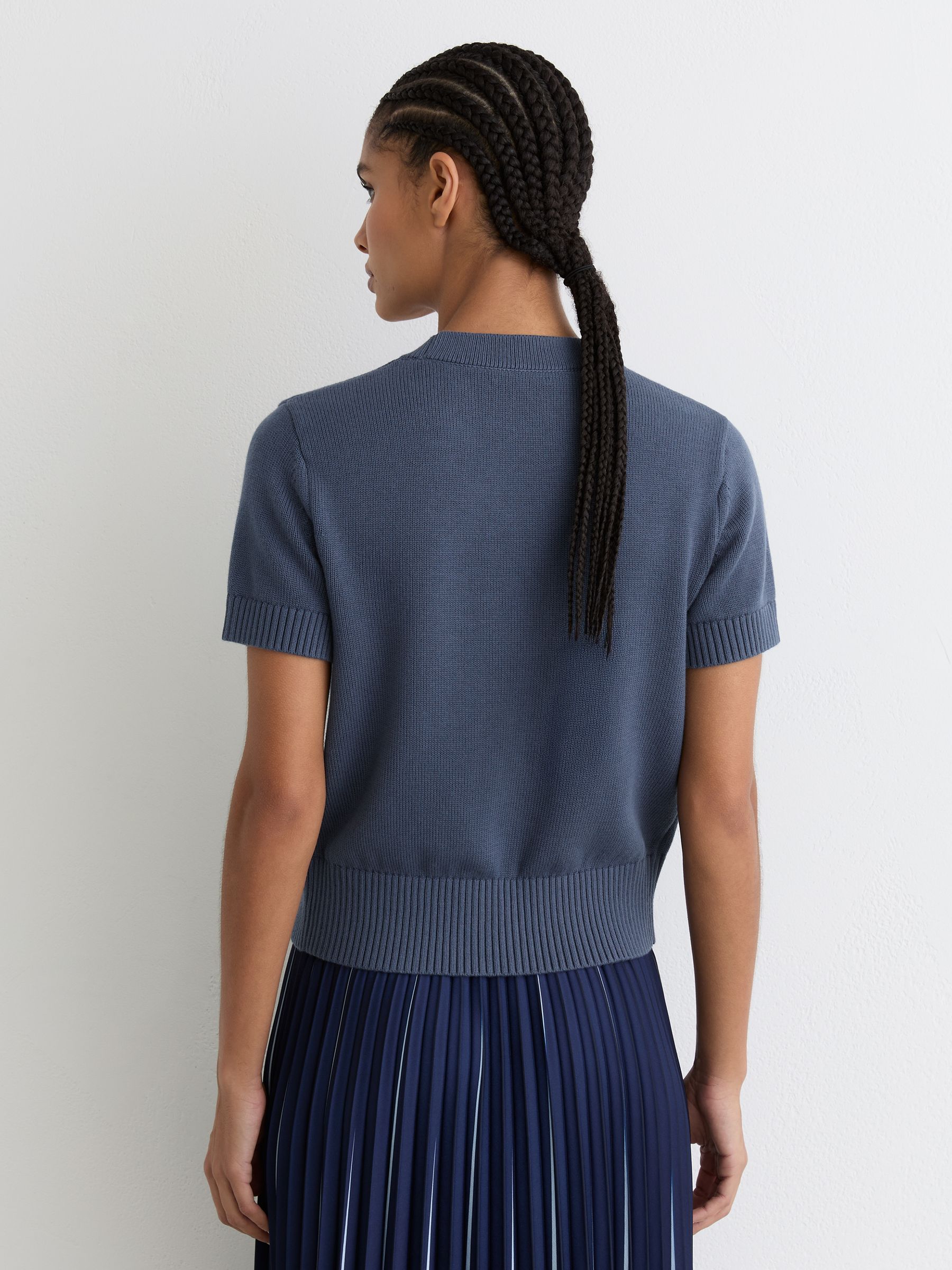 V-Neck Short-Sleeve Cardigan Cotton-Wool in Blue - Image 5 of 6
