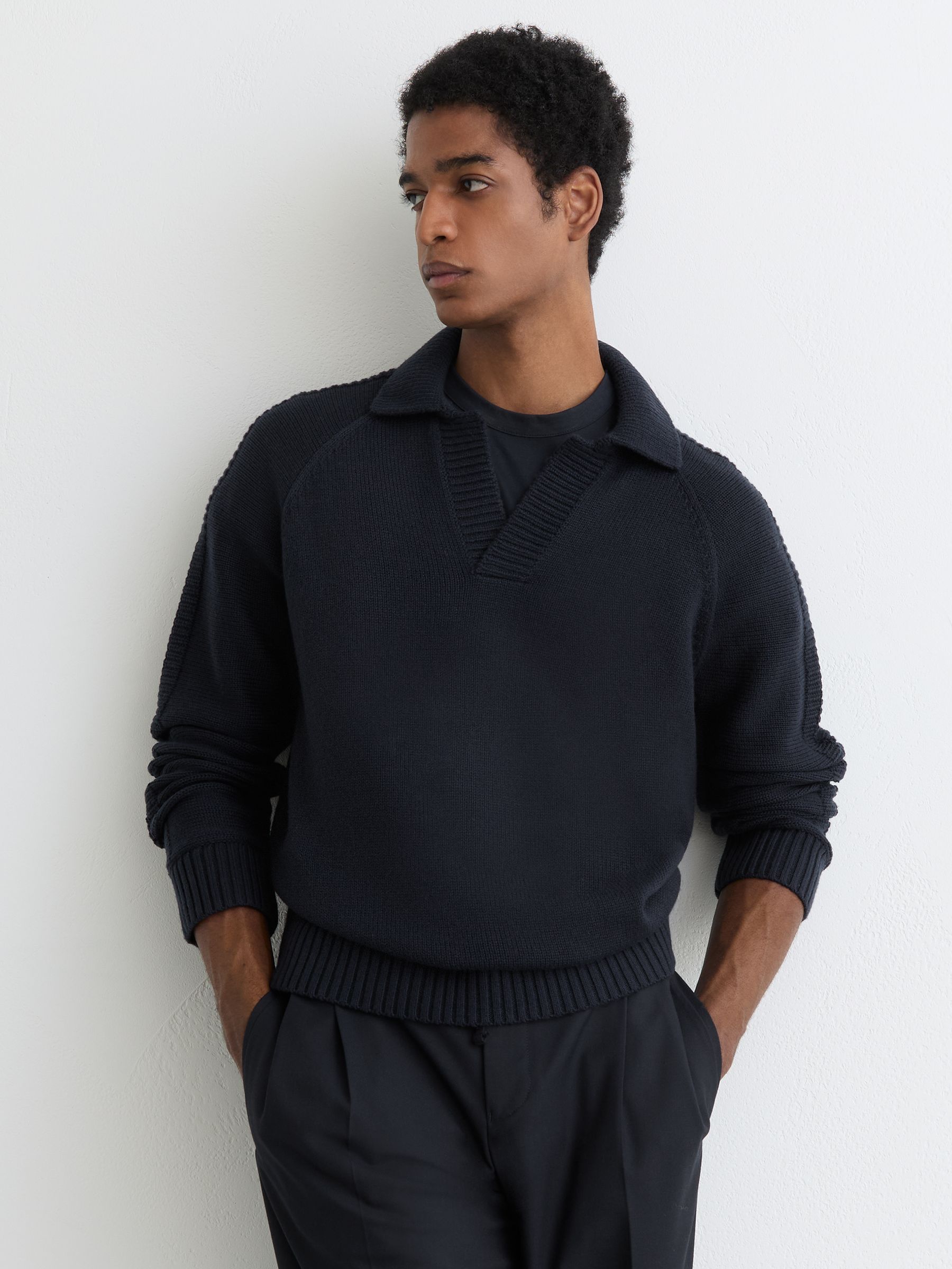 Wool-Blend Open-Collar Jumper in Navy - Image 1 of 5