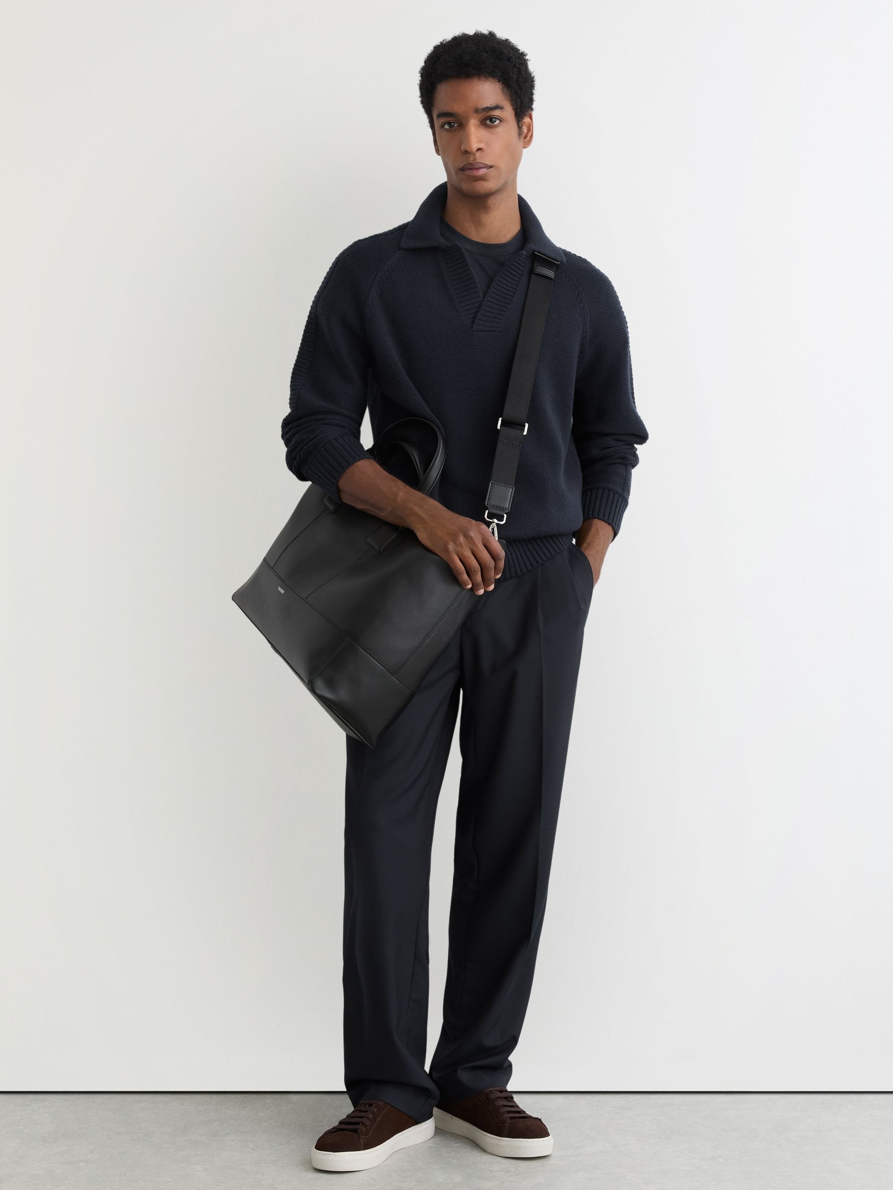 Wool-Blend Open-Collar Jumper in Navy - Image 3 of 5