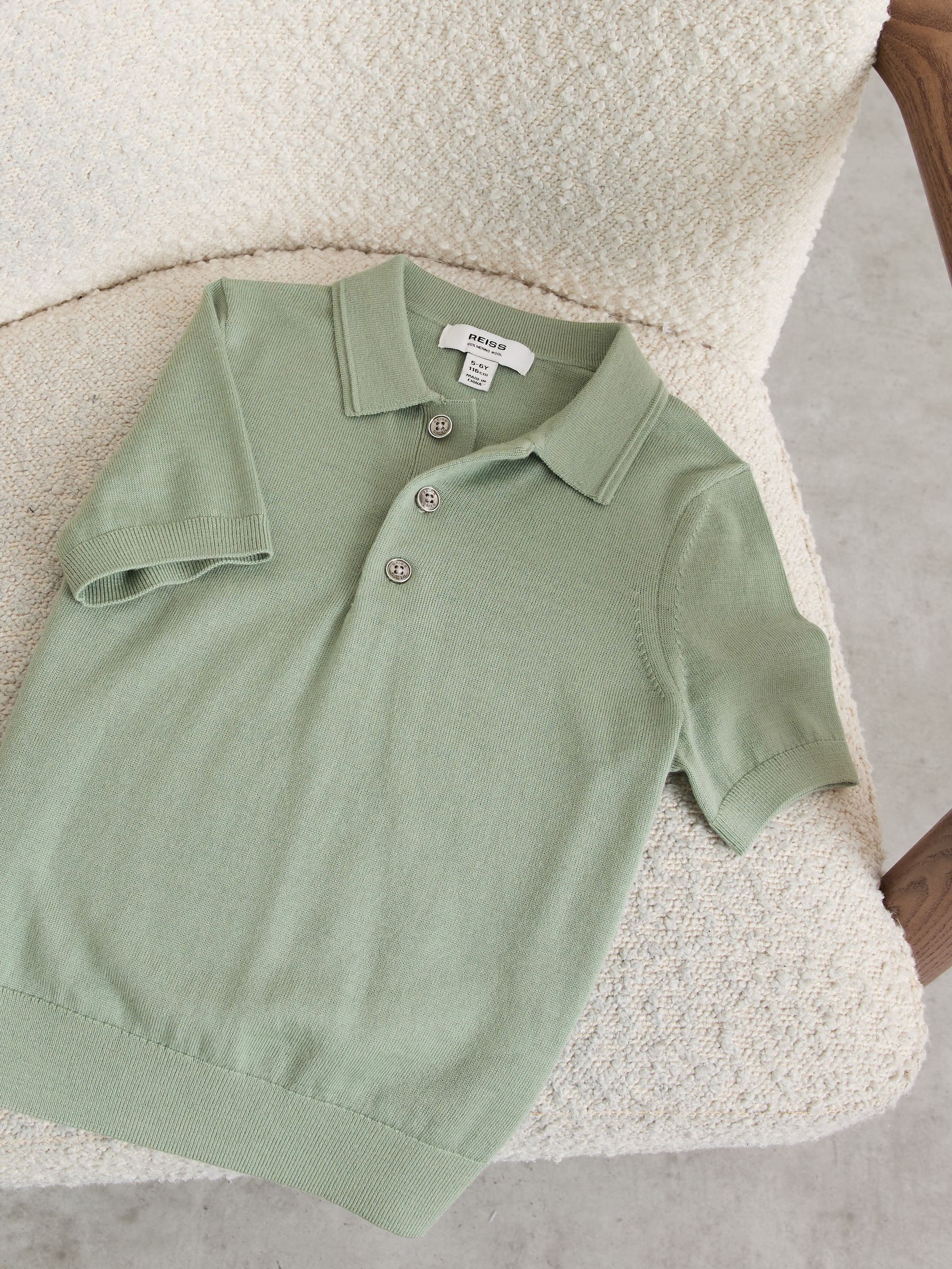 13-14 yrs Merino Wool Short-Sleeve Polo Shirt in Light Sage Green - Image 2 of 3
