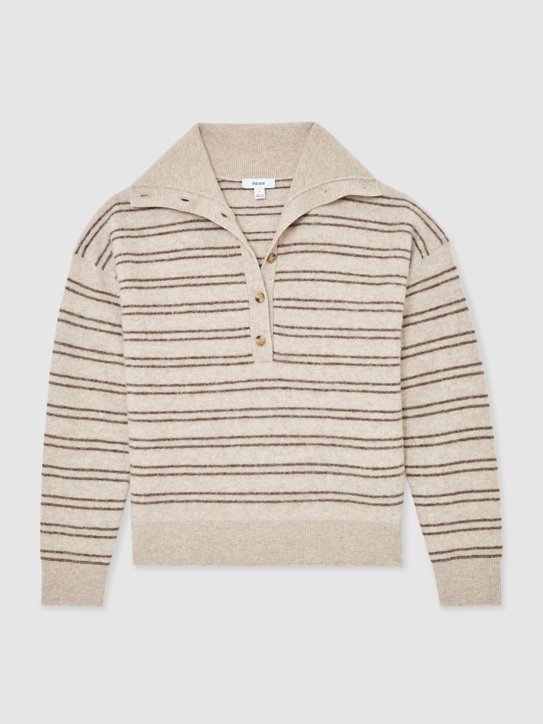 Wool-Cashmere Stripe Buttoned Jumper in Neutral/Brown - Image 2 of 6 Wool-Cashmere Stripe Buttoned Jumper in Neutral/Brown - Image 2 of 6