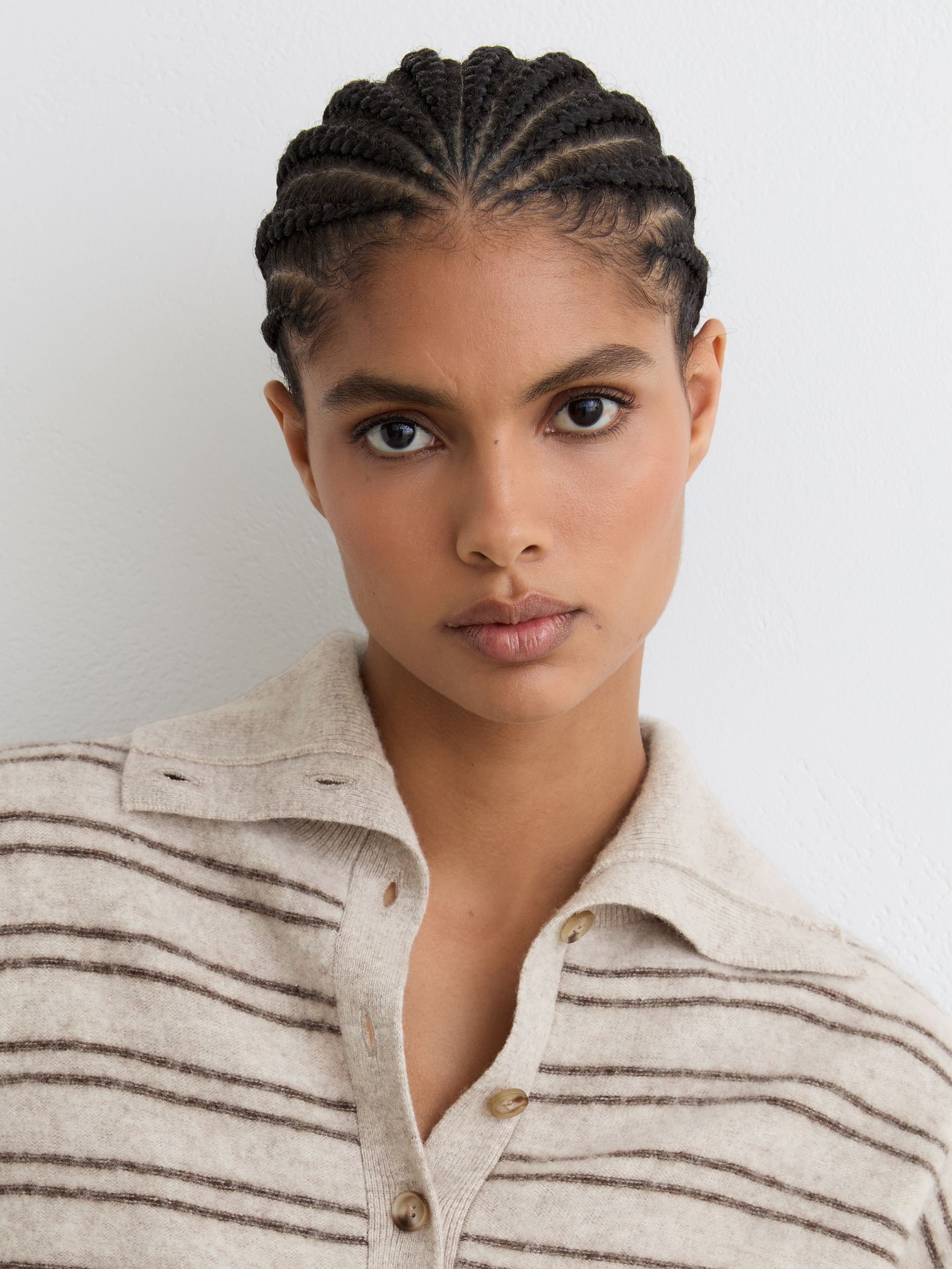 Wool-Cashmere Stripe Buttoned Jumper in Neutral/Brown - Image 4 of 6