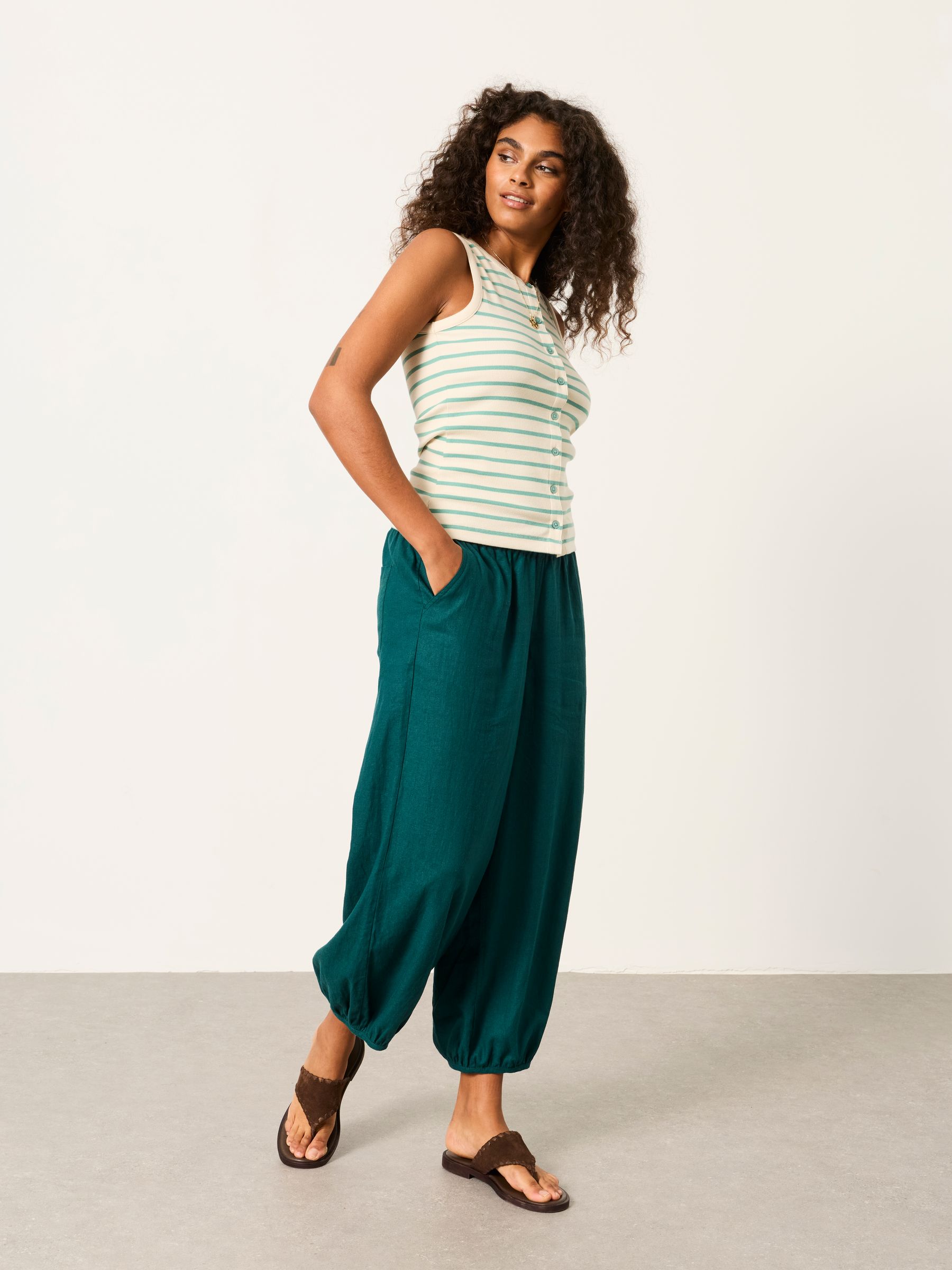 Rosa Green/Ecru Stripe Button Ribbed Vest | FatFace USA